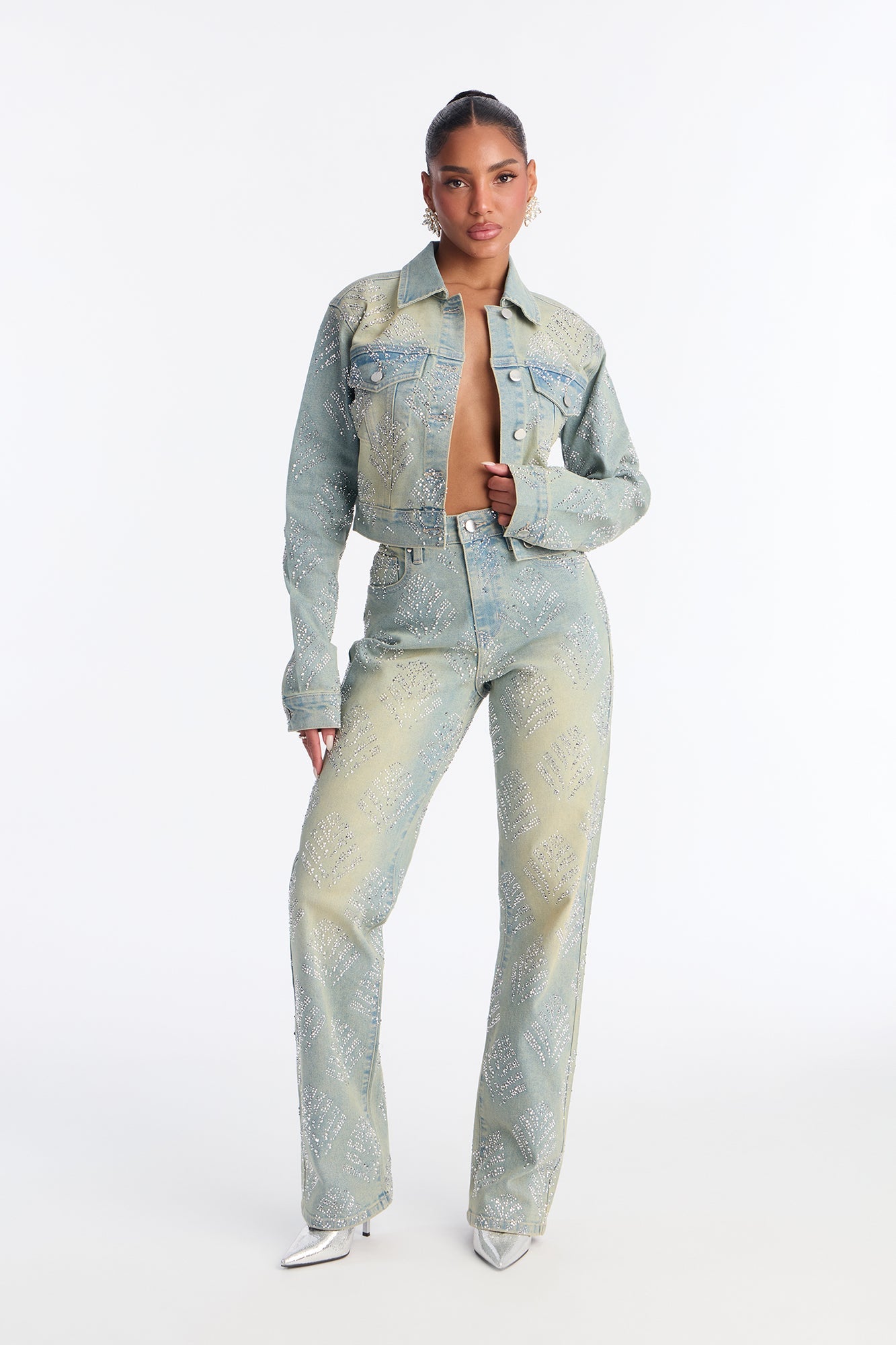 Star Quality Embellished Stretch Denim Jacket - Vintage Wash