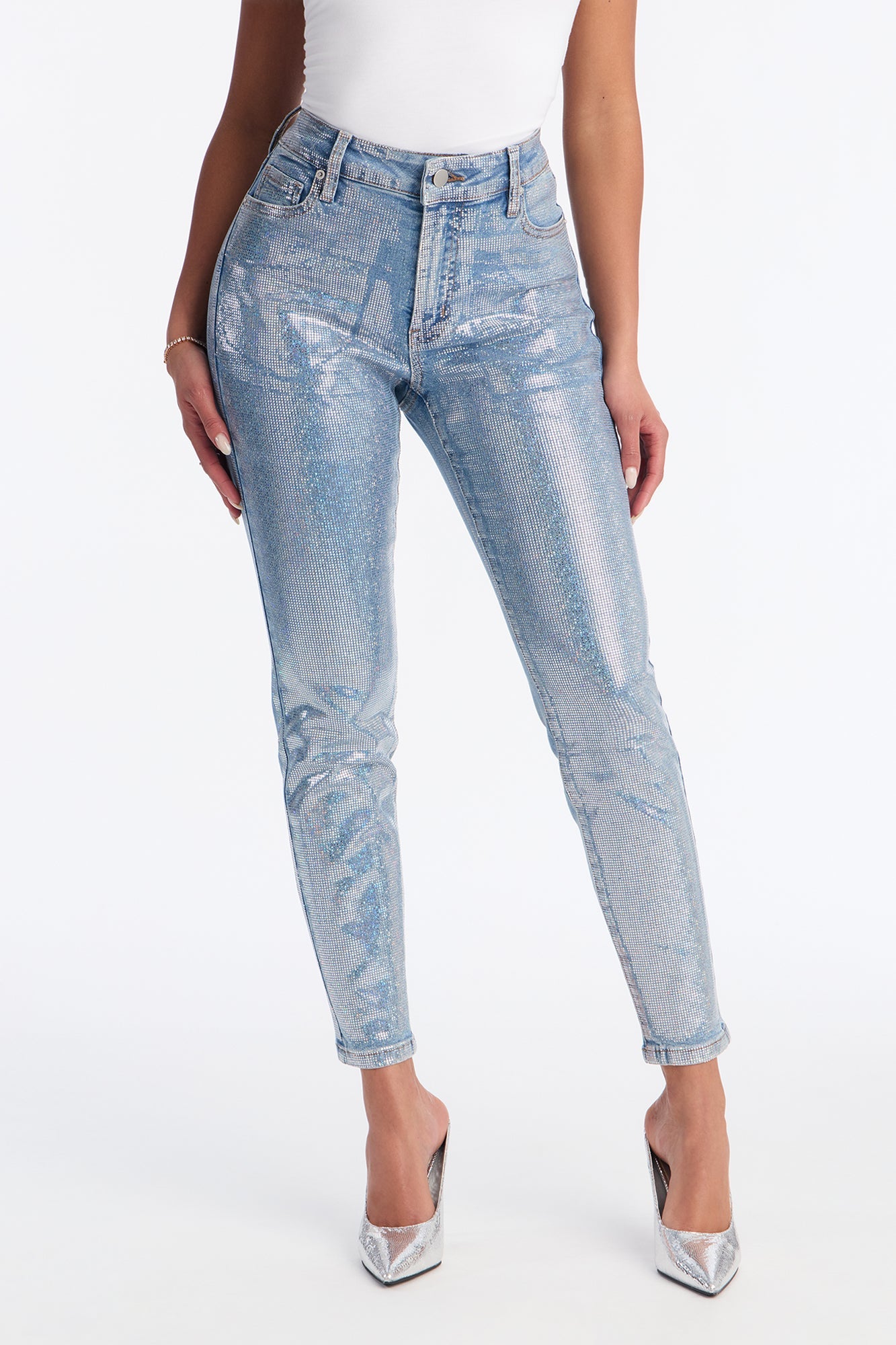 Elegante Foil Print Skinny Jeans - Light Wash