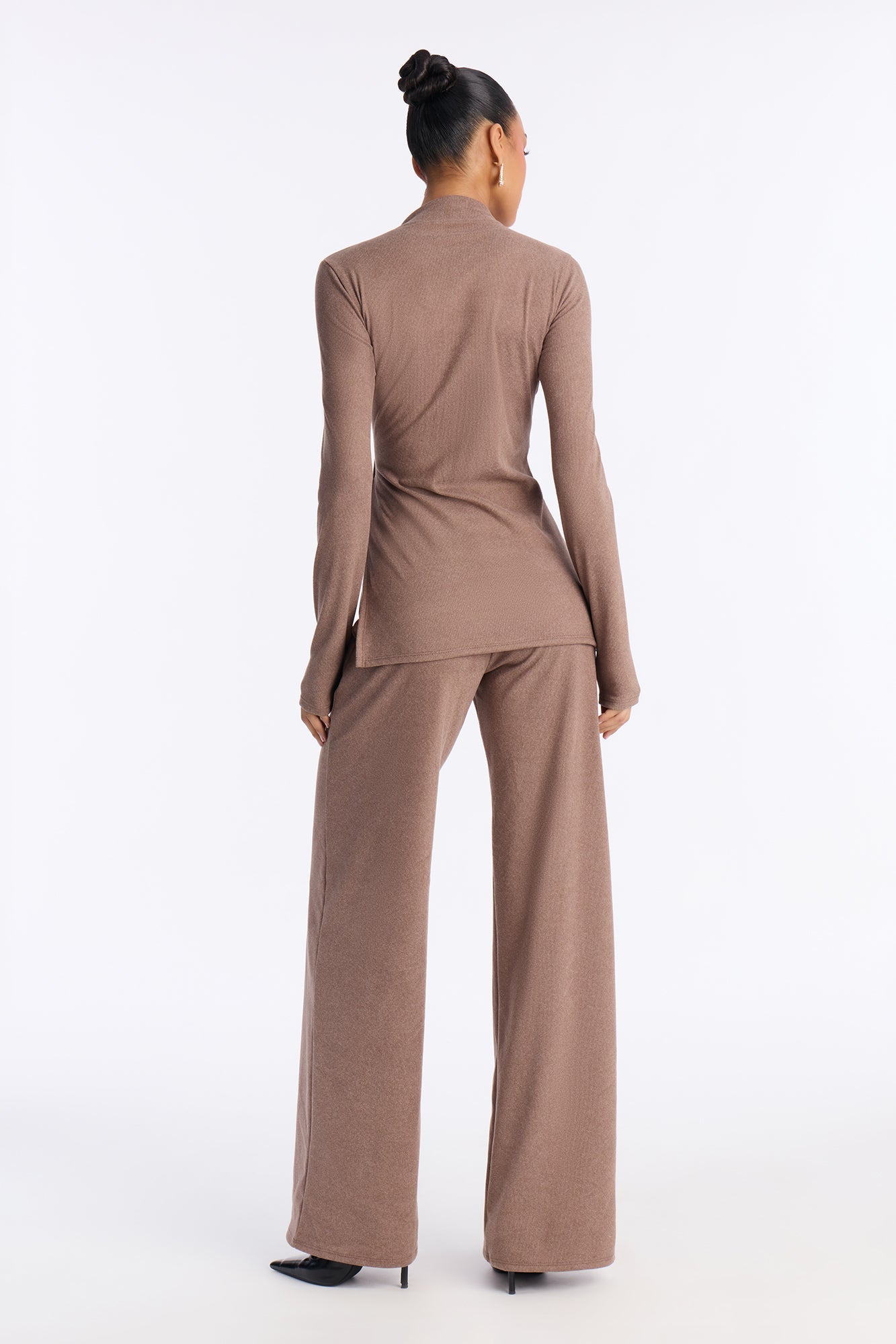 Rosie Brushed Knit High Neck Pant Set - Brown