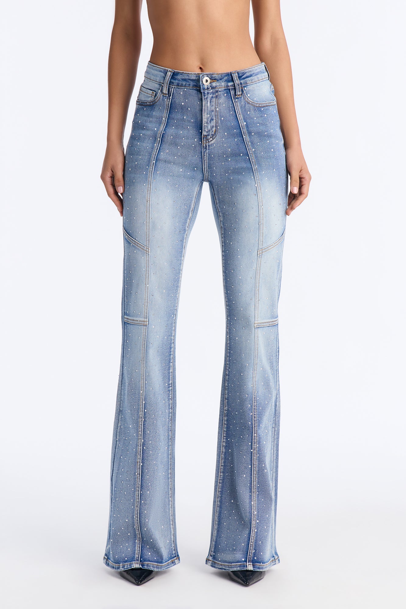 Starline Embellished Rhinestones Flare Leg Jeans - Medium Wash