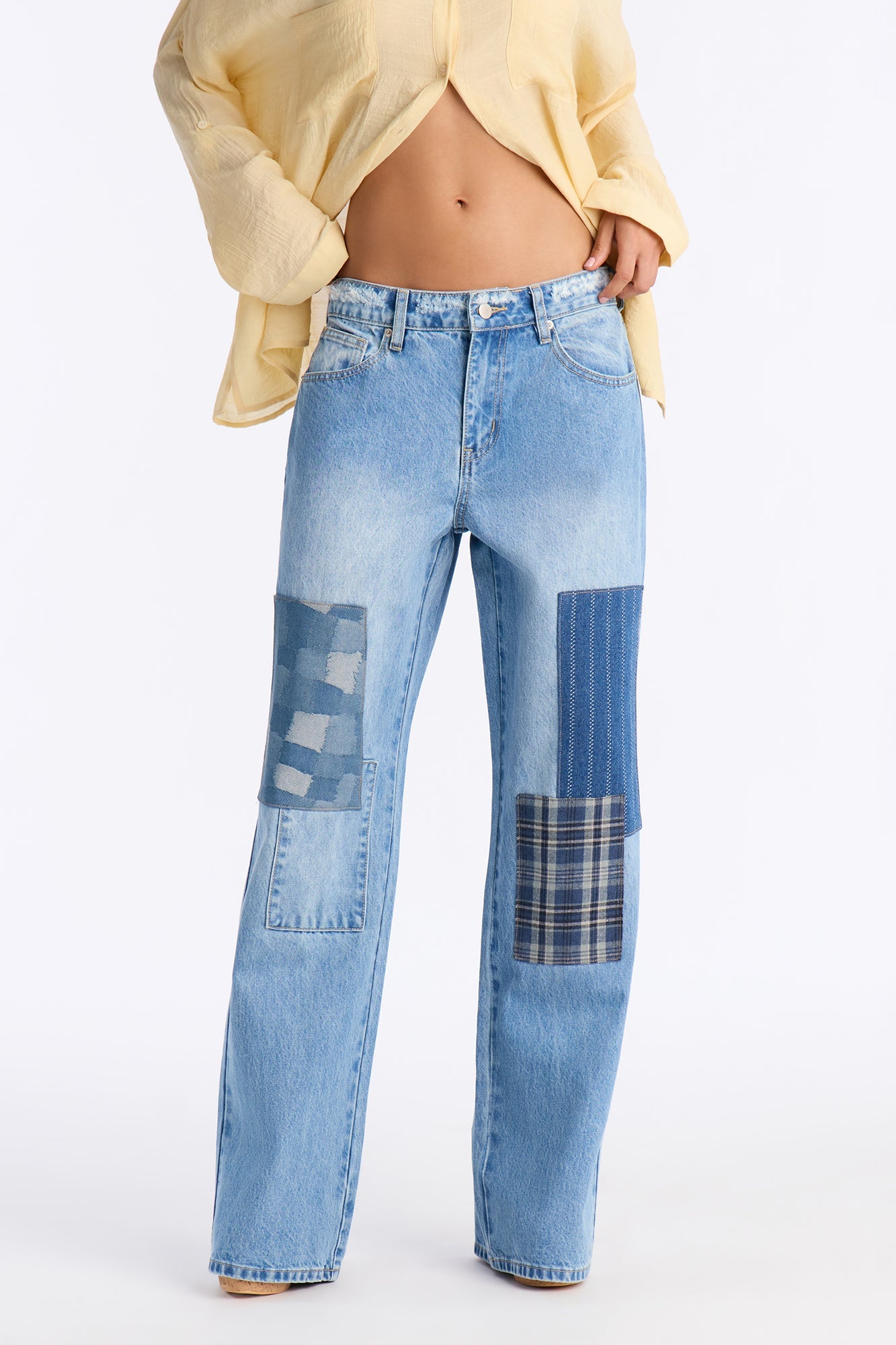 Thread Lightly Patchwork Wide Leg Jeans - Medium Wash
