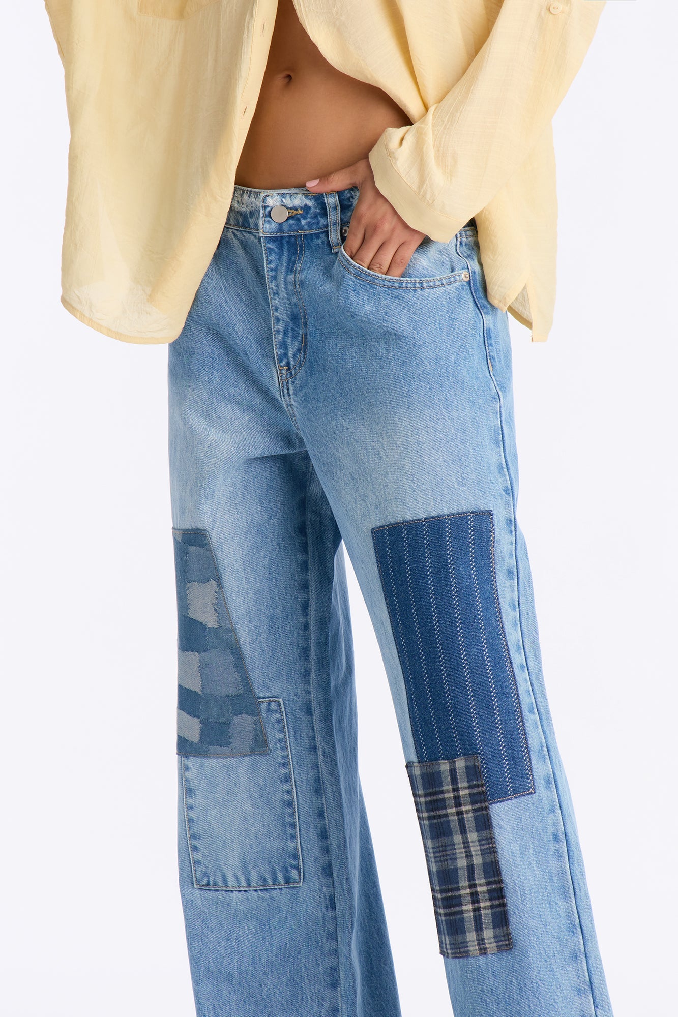 Thread Lightly Patchwork Wide Leg Jeans - Medium Wash