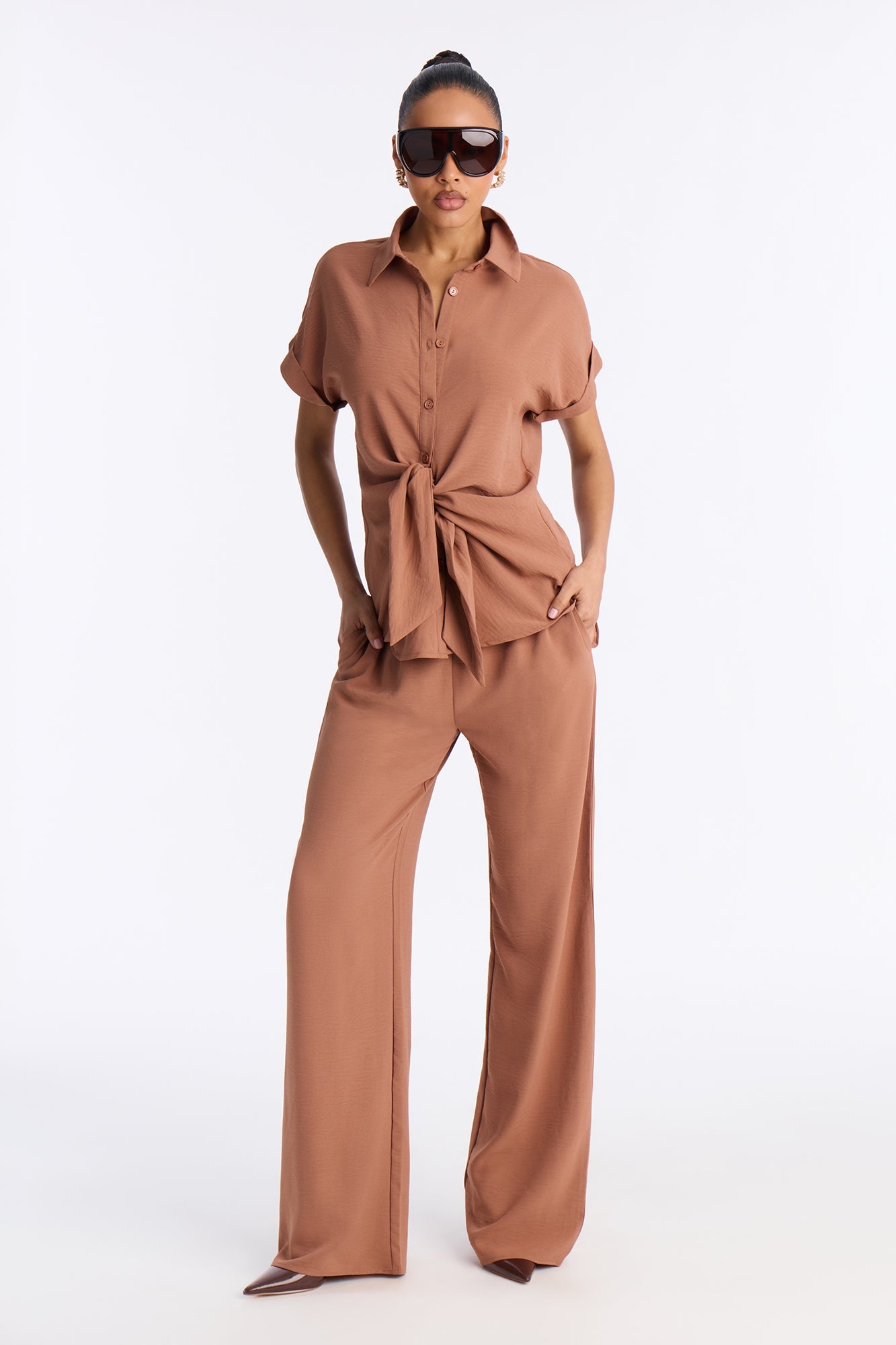 Makela Tie Front Wide Leg Pant Set - Mocha