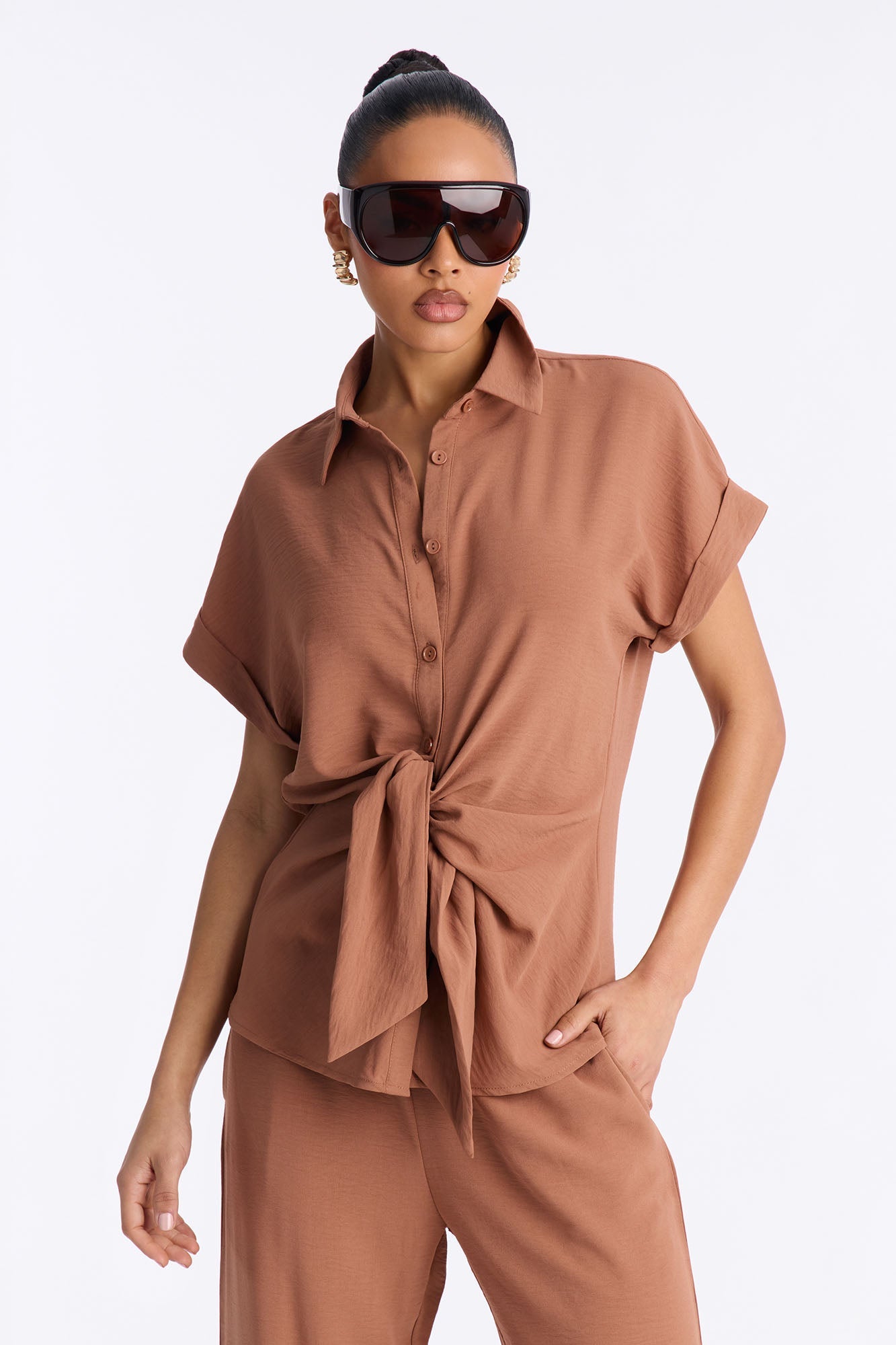 Makela Tie Front Wide Leg Pant Set - Mocha