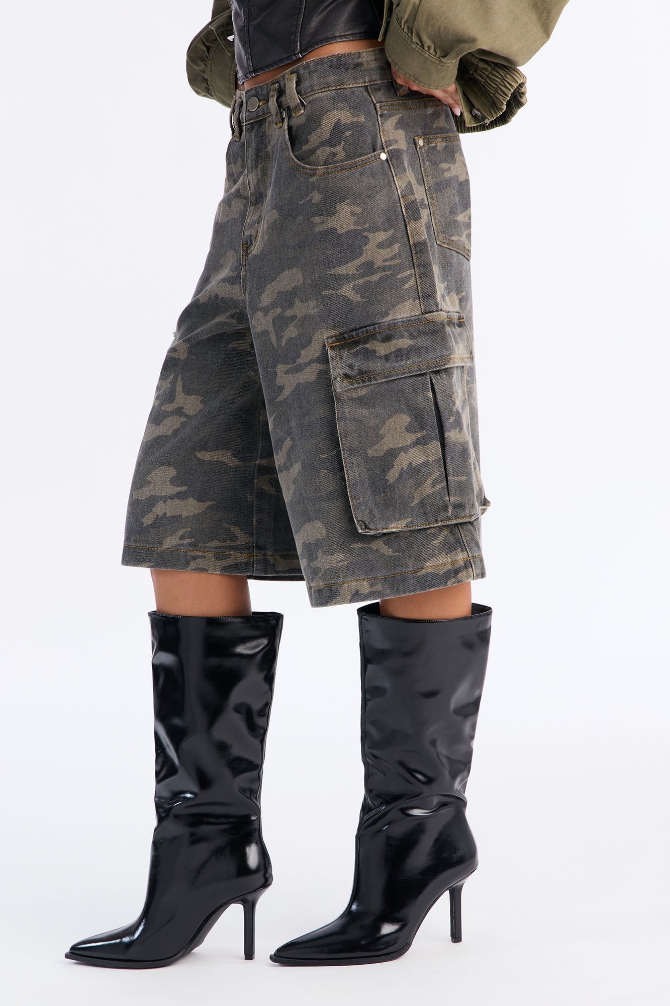 Bring The Troops Camo Cargo Denim Jorts - Olive/combo