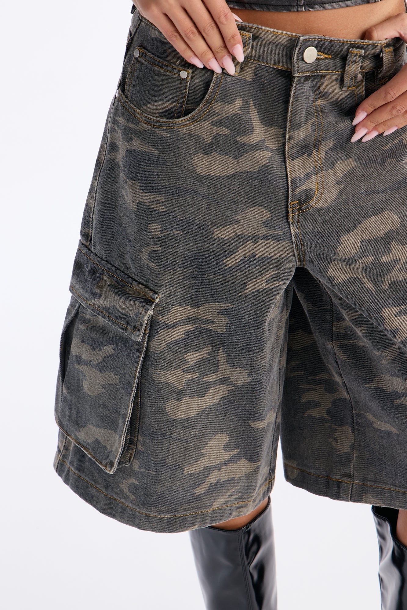 Bring The Troops Camo Cargo Denim Jorts - Olive/combo