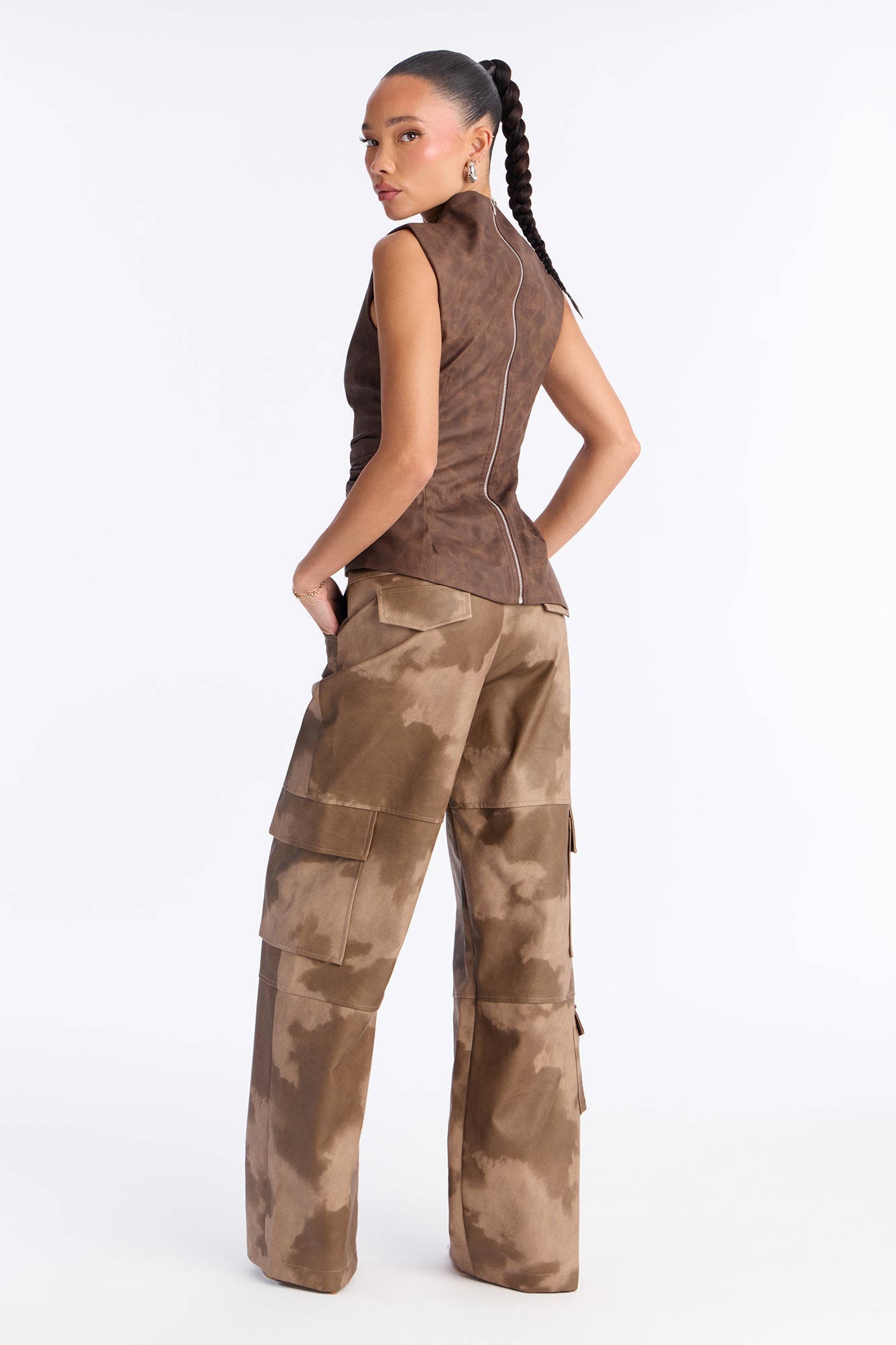 Alexa Washed Faux Leather Cargo Pant - Chocolate