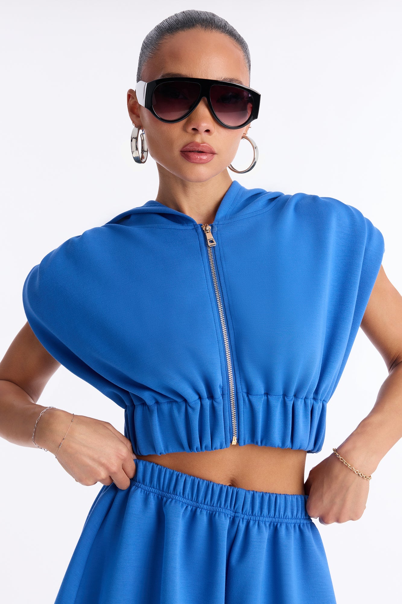 Bella Crop Hoodie And High Cut Short Set - Blue