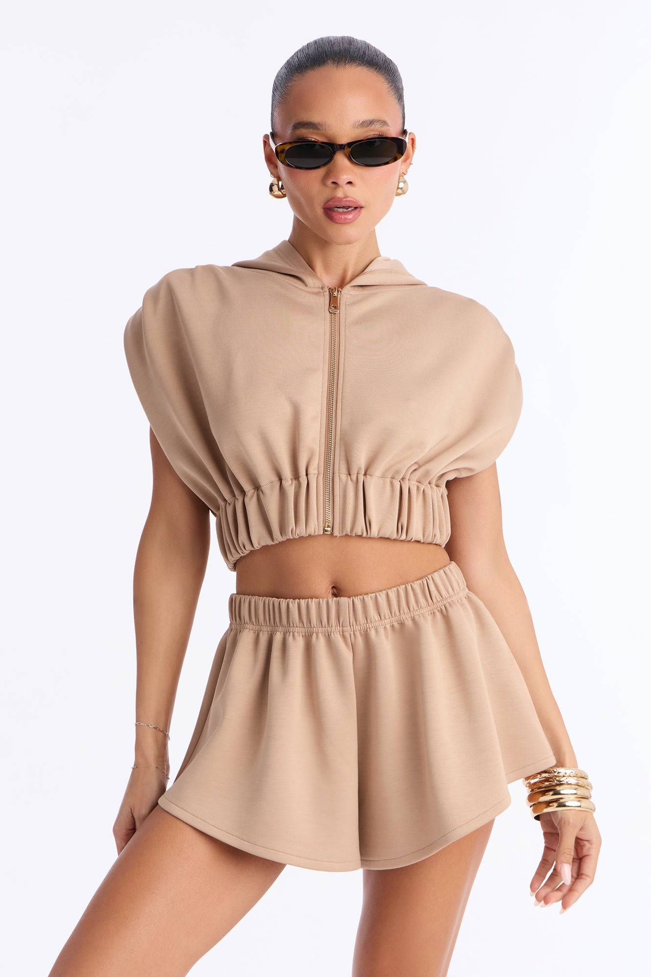 Bella Crop Hoodie And High Cut Short Set - Mocha