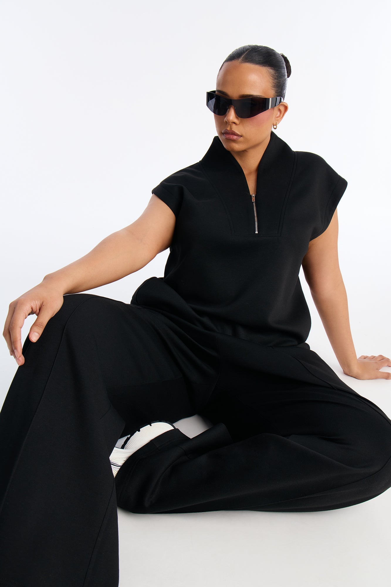 Shea Quarter Zip Sleeveless Pant Set - Black