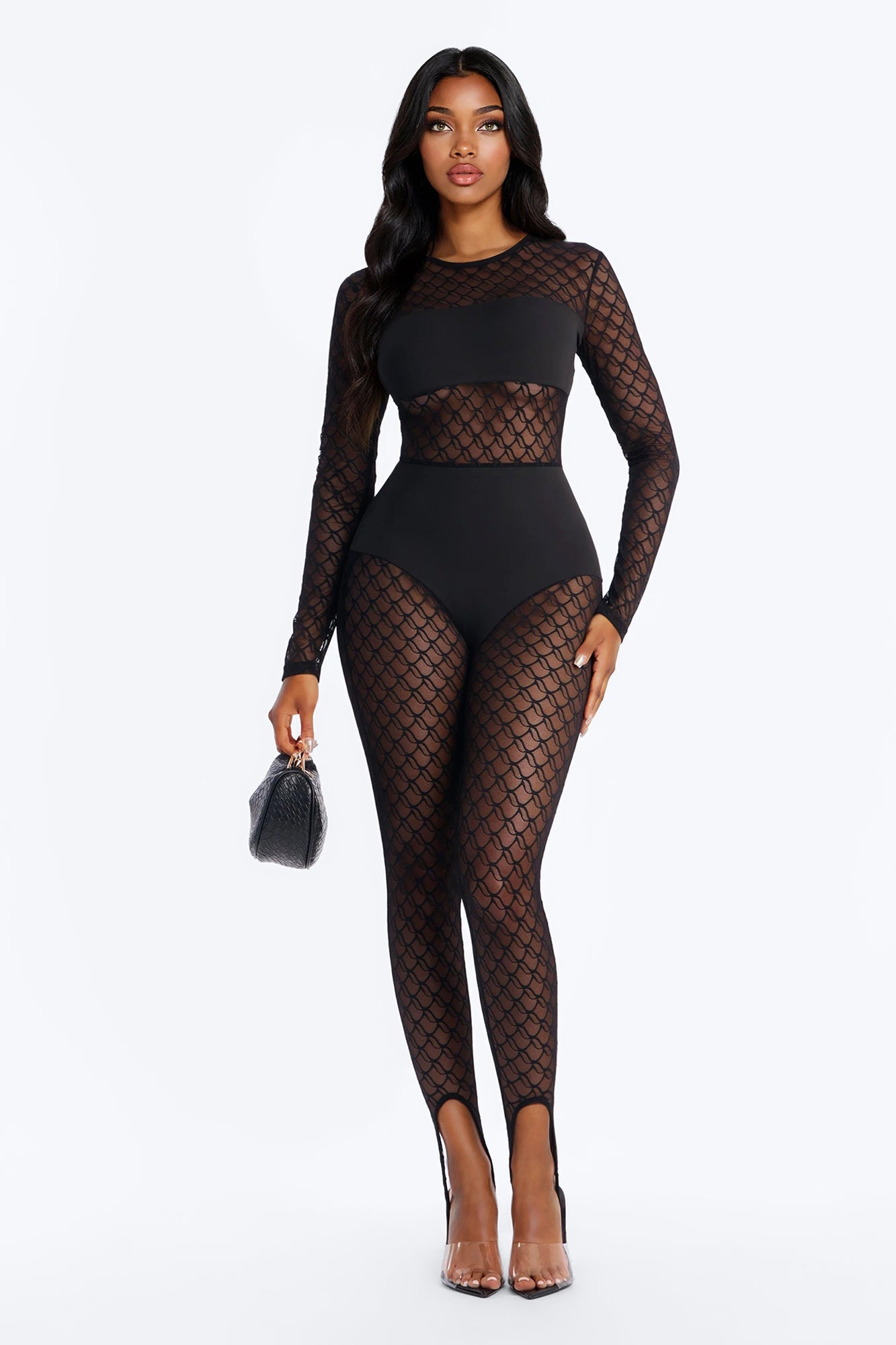 Kate Lace Stirrup Catsuit - Black