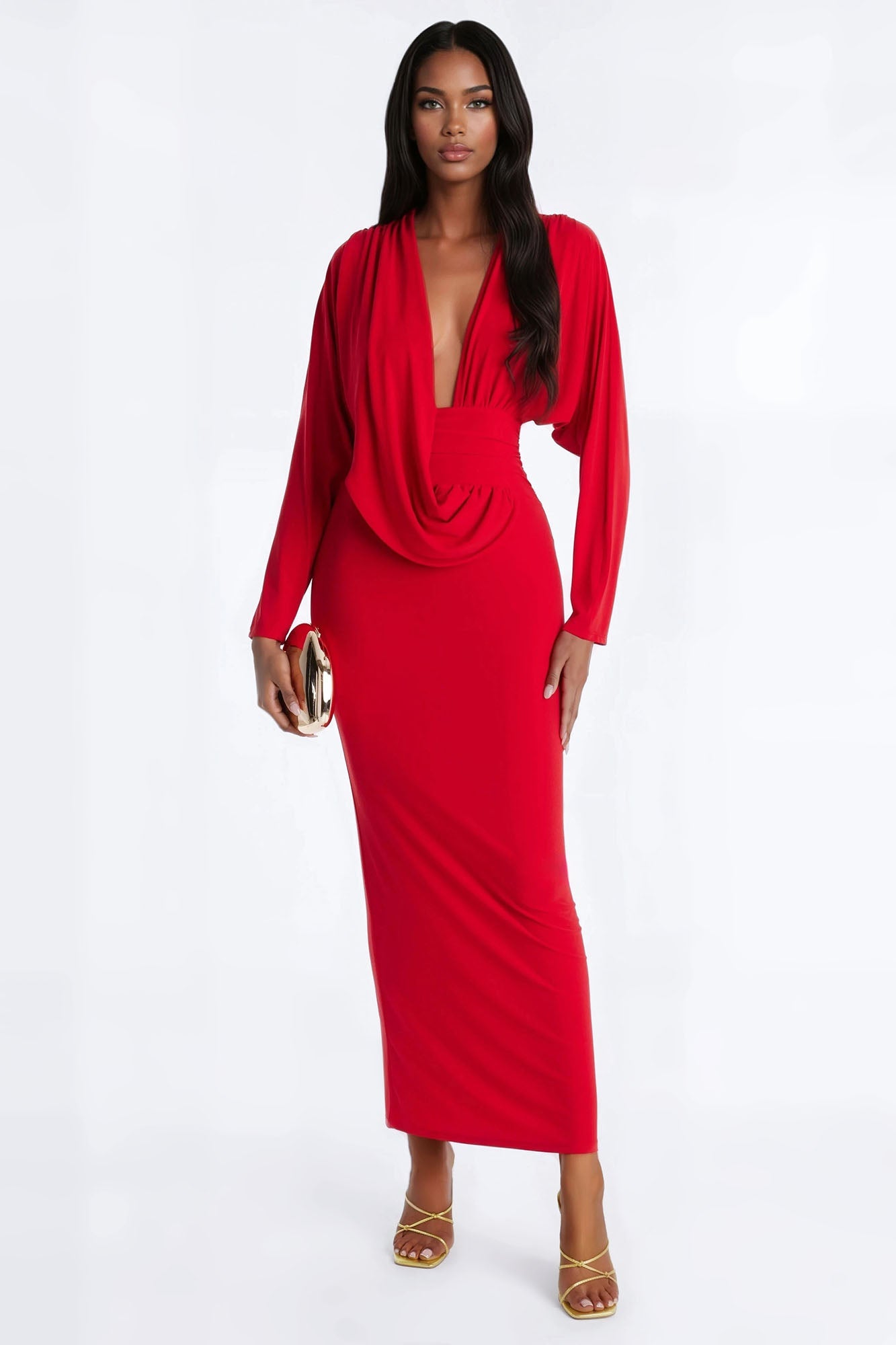 Kathleen Ruched Draped Maxi Dress - Red