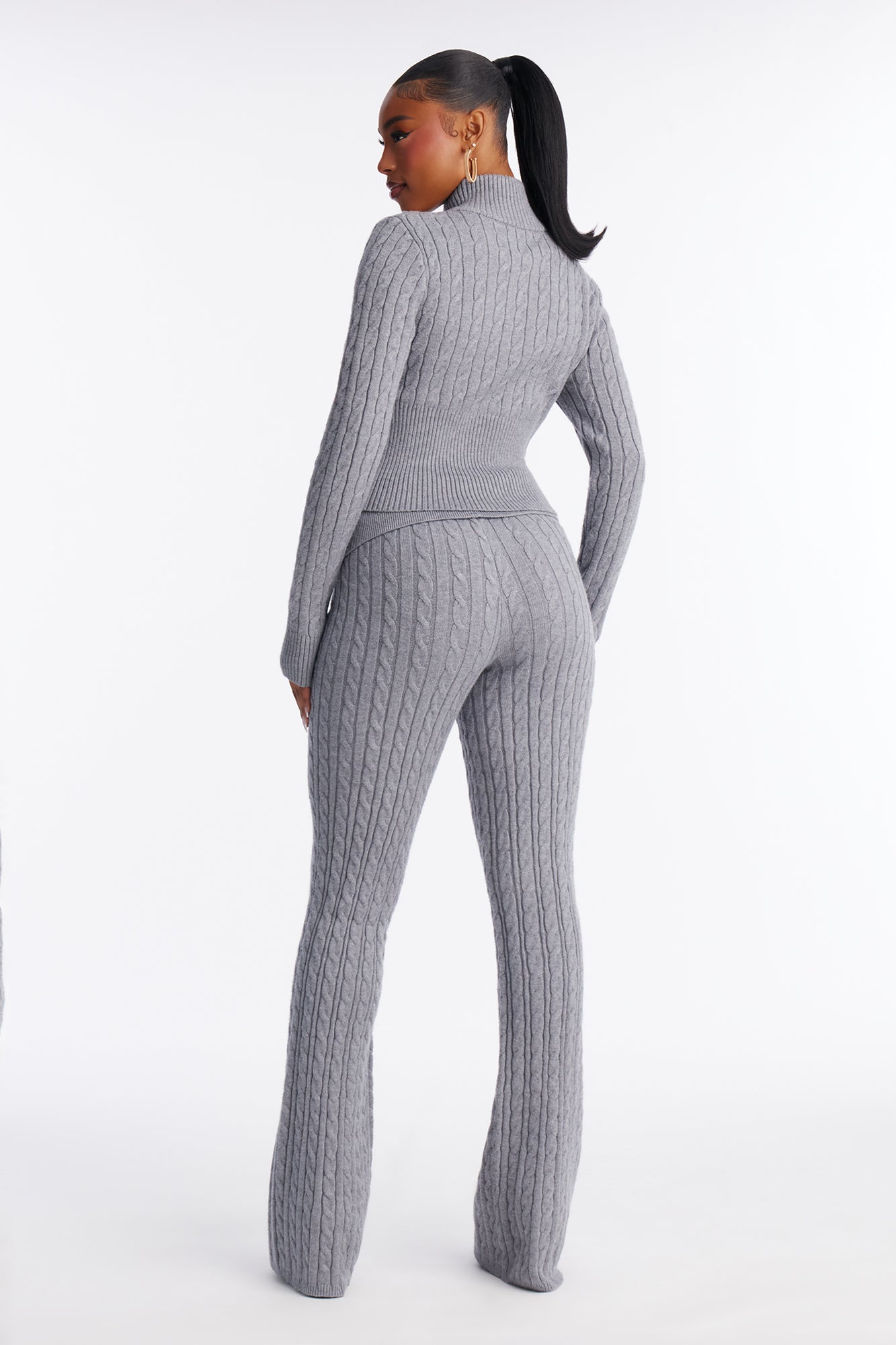 Caroline Mock Neck Cable Sweater Pant Set - Heather Grey