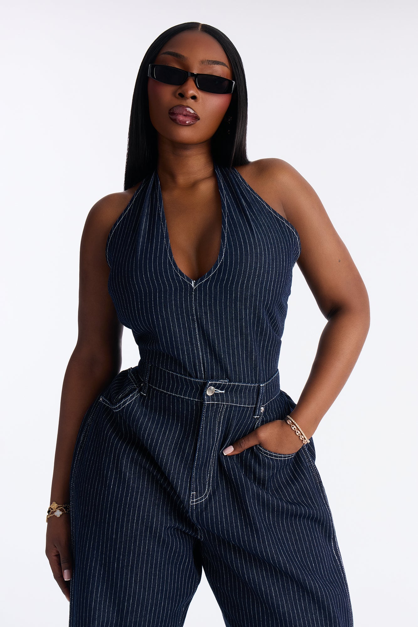 Fine Lines Pinstripe Pant Set - Dark Wash