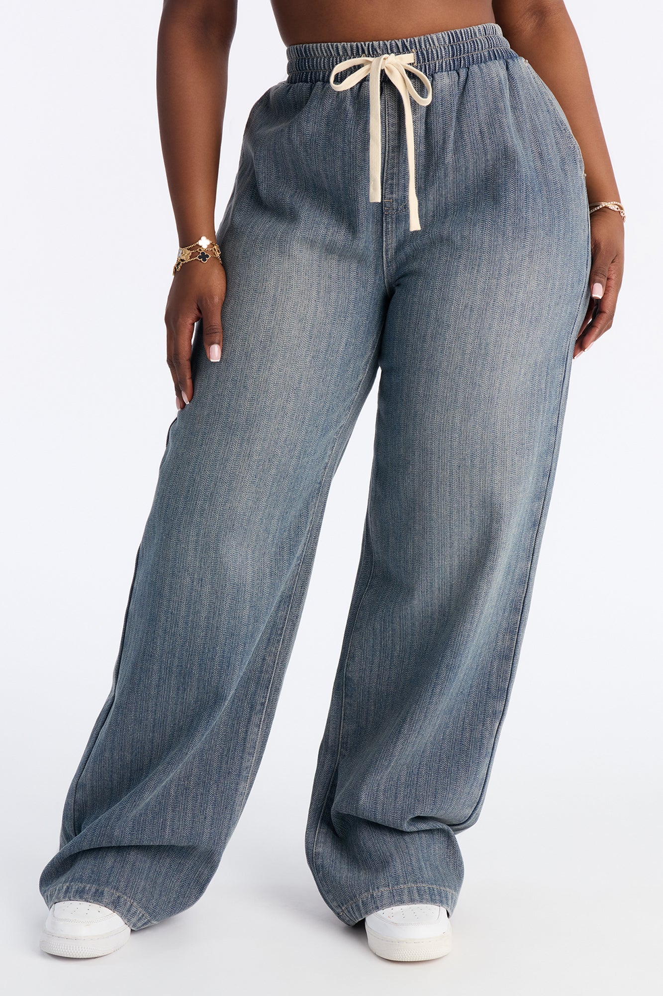 Want No Smoke Pull On Tie Waist Jeans - Vintage Wash