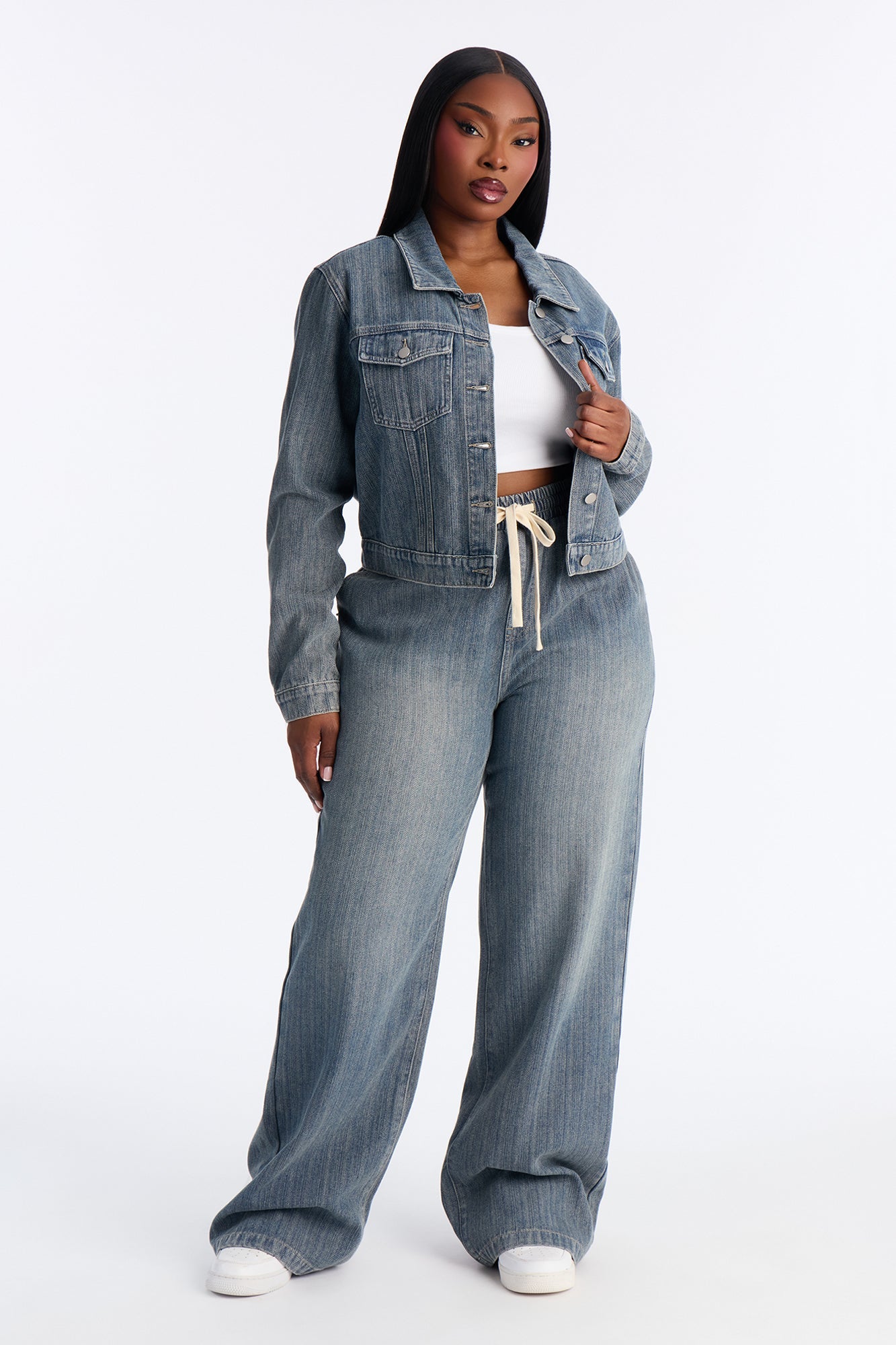 Want No Smoke Pull On Tie Waist Jeans - Vintage Wash