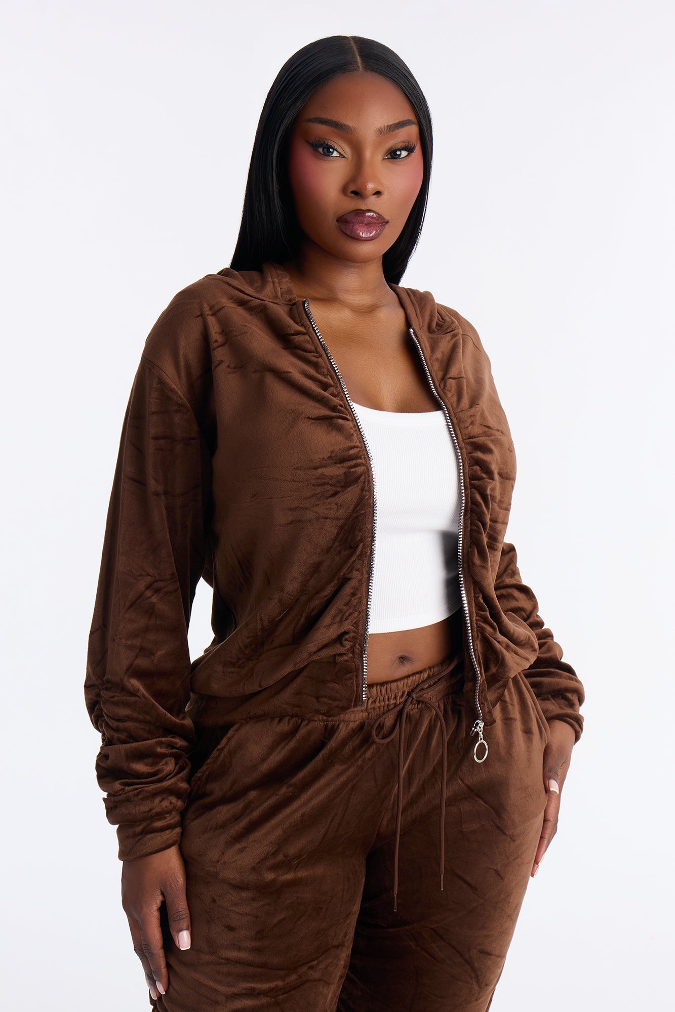 Soft Girl Energy Ruched Velour Jogger Set - Brown