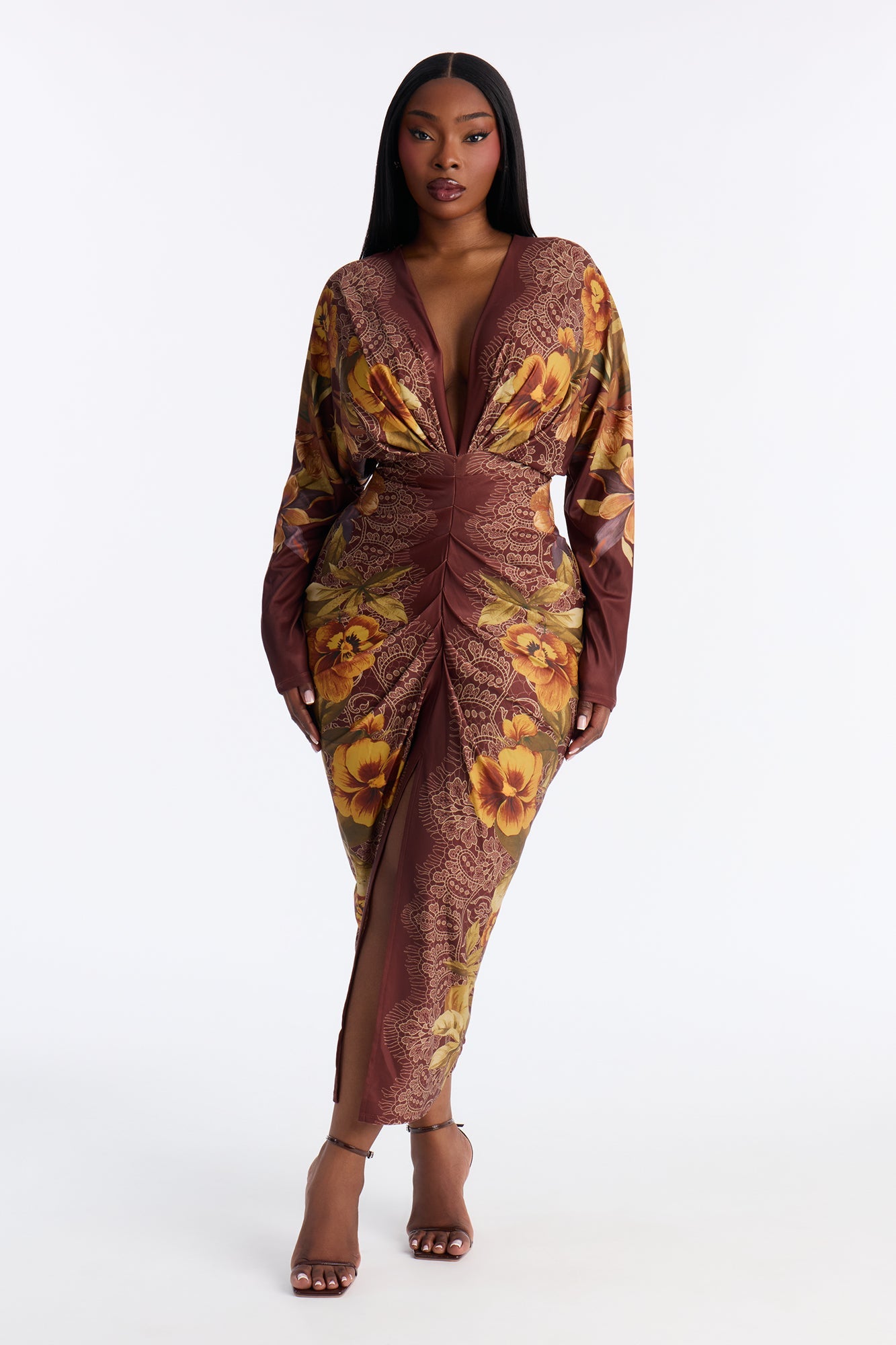 European Dreaming Long Sleeve Midi Dress - Brown/combo