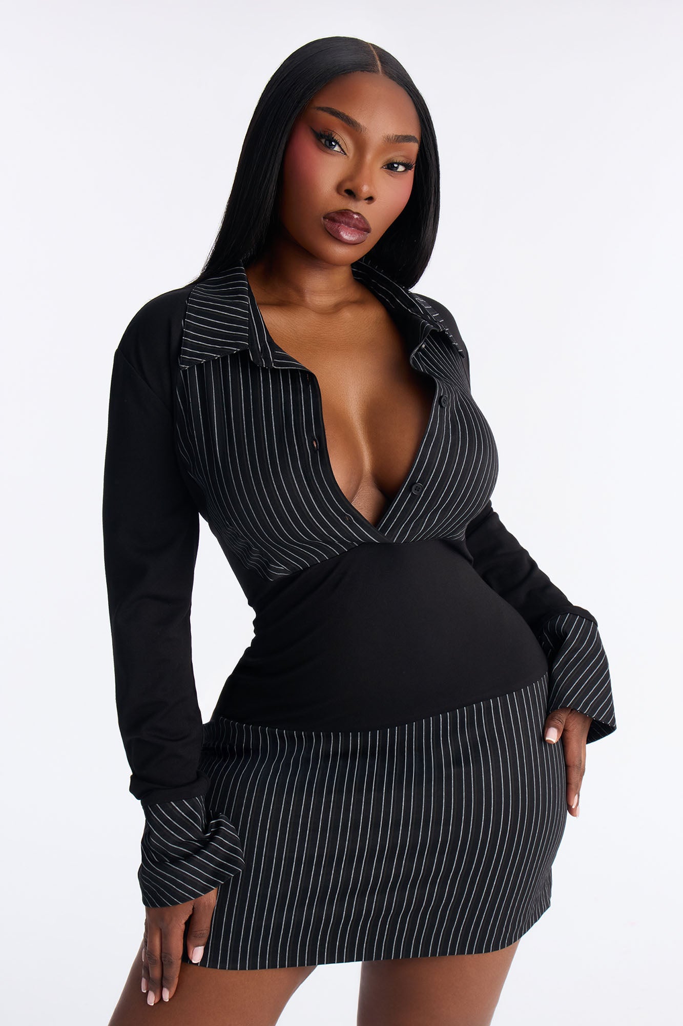 Helen Long Sleeve Pinstripe Mini Dress - Black