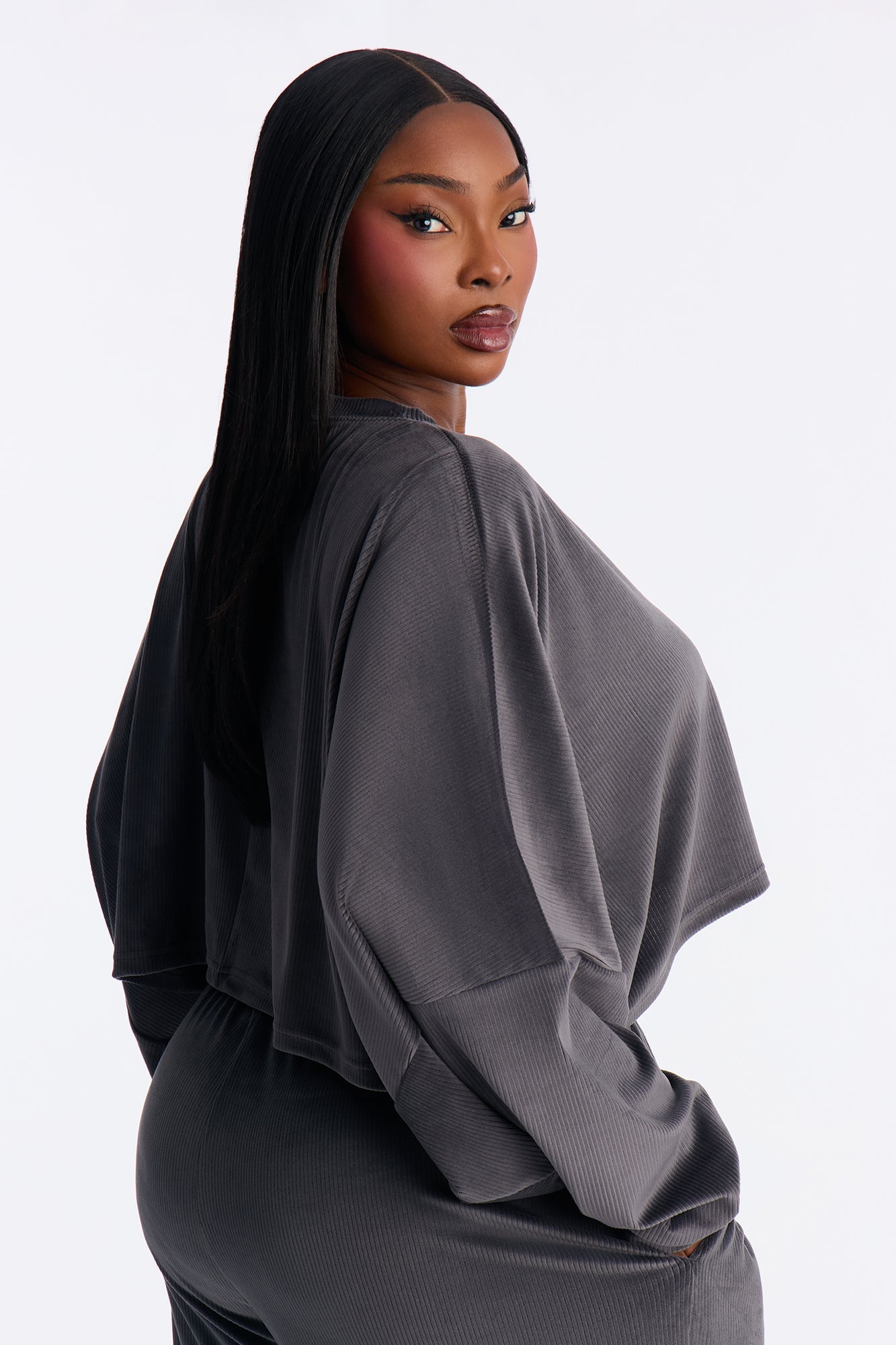 Vicky Ribbed Cropped Sweatshirt Crewneck - Charcoal