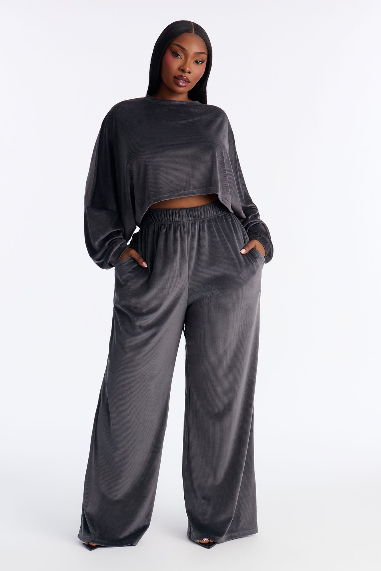 Vicky Ribbed Wide Leg Pants - Charcoal