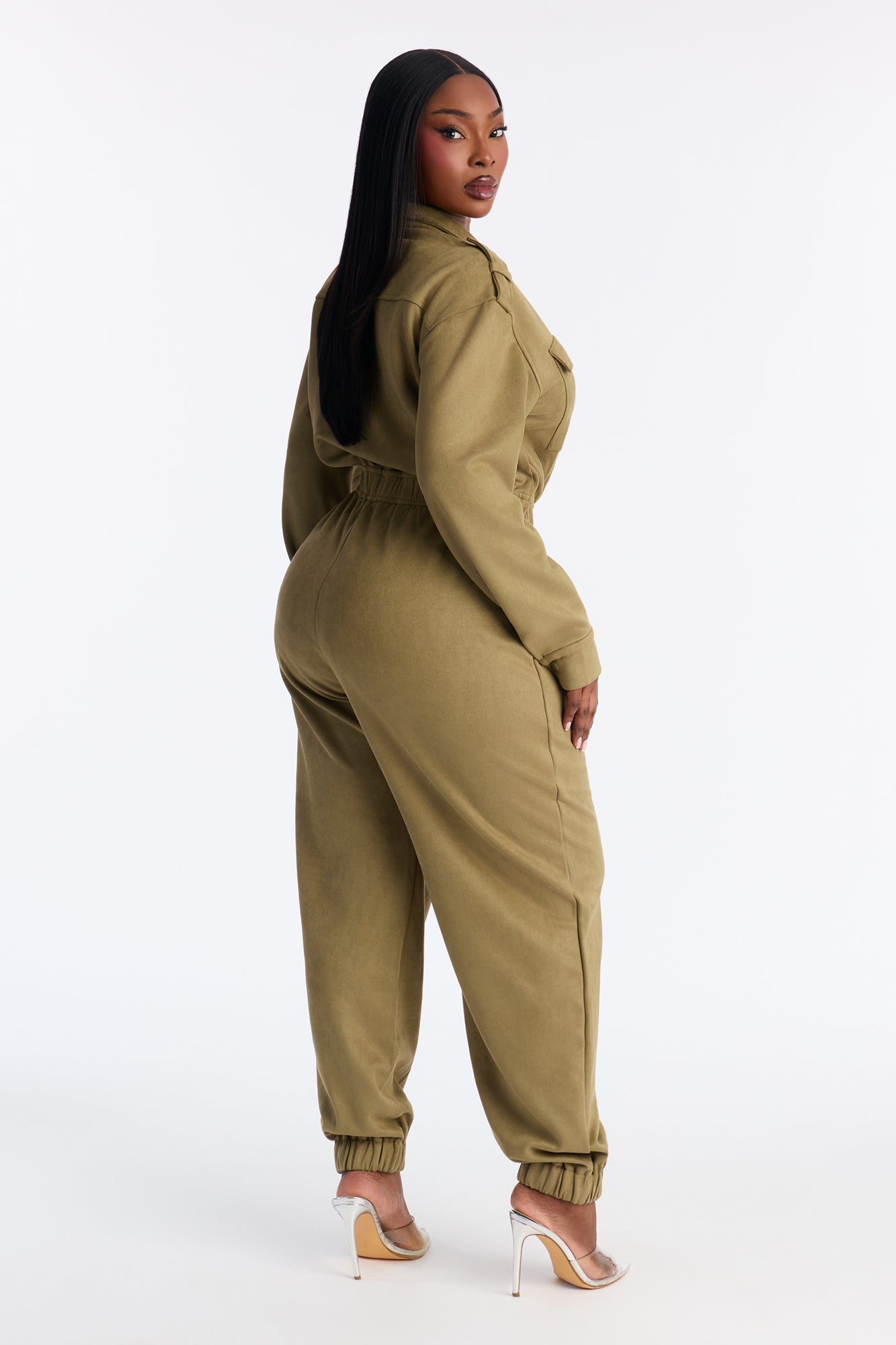 Sofia Suede Long Sleeve Cargo Jogger Jumpsuit - Olive