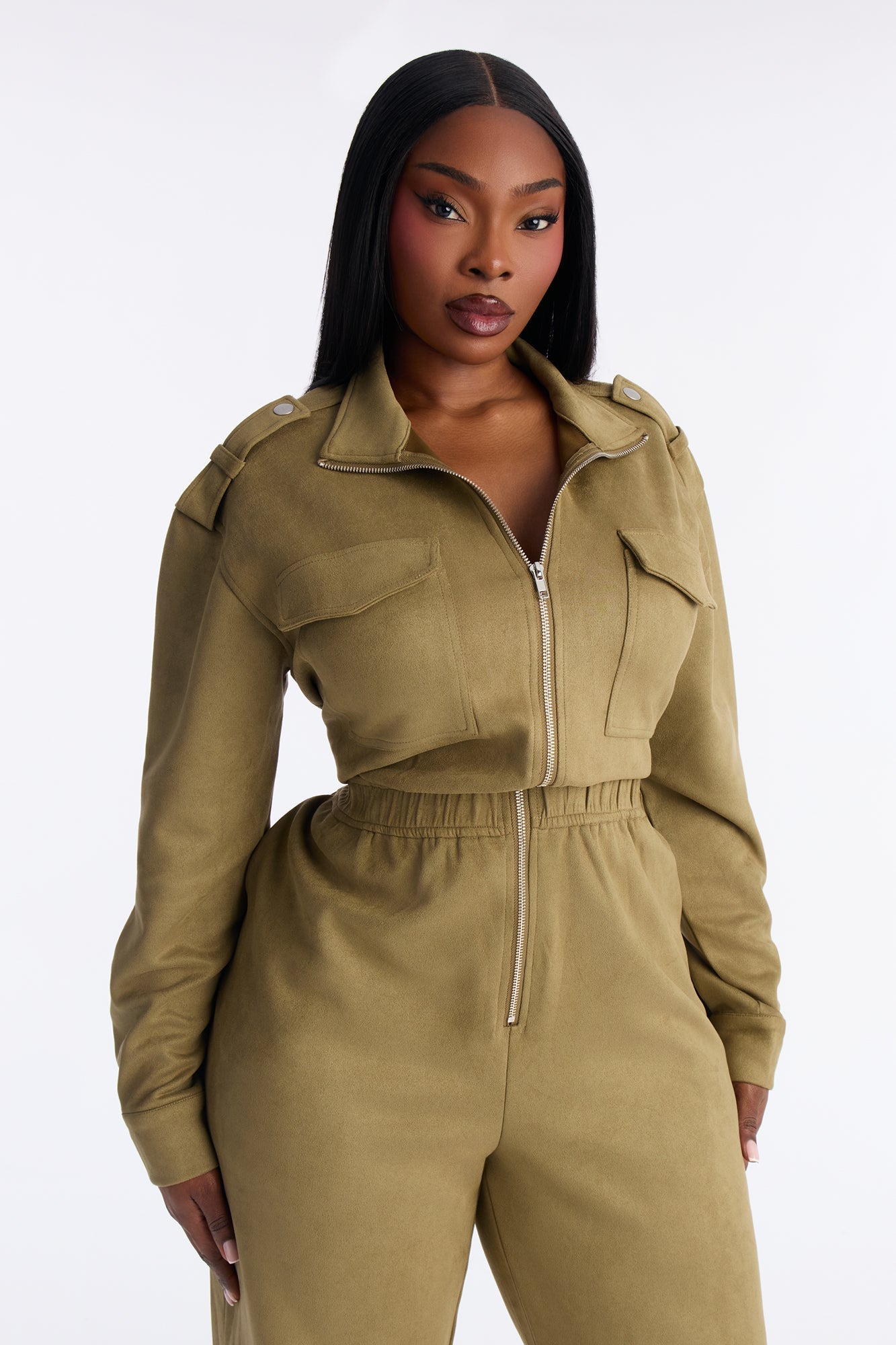 Sofia Suede Long Sleeve Cargo Jogger Jumpsuit - Olive