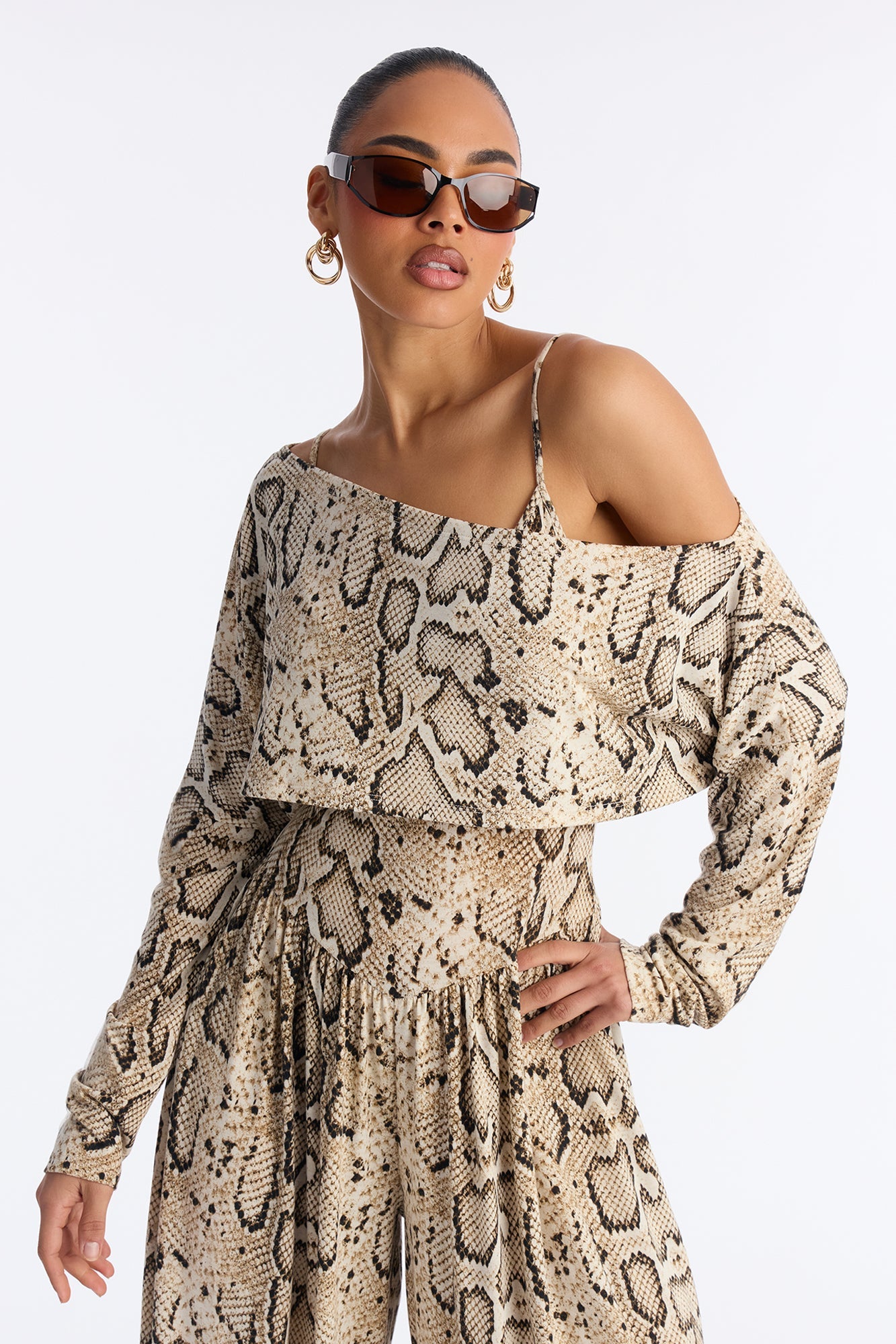 Kiana Snake Balloon Wide Leg 2 Piece Jumpsuit - Taupe