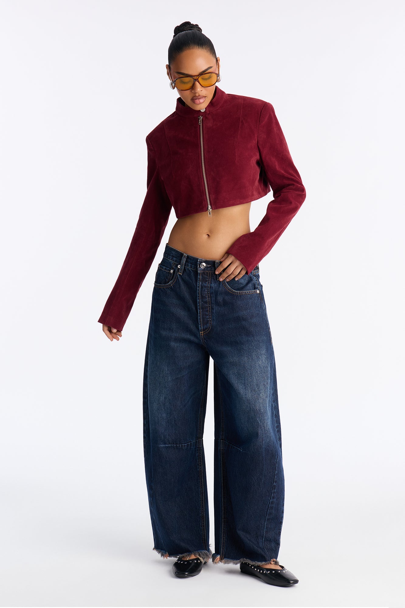 Blake Cropped Faux Suede Moto Jacket - Red
