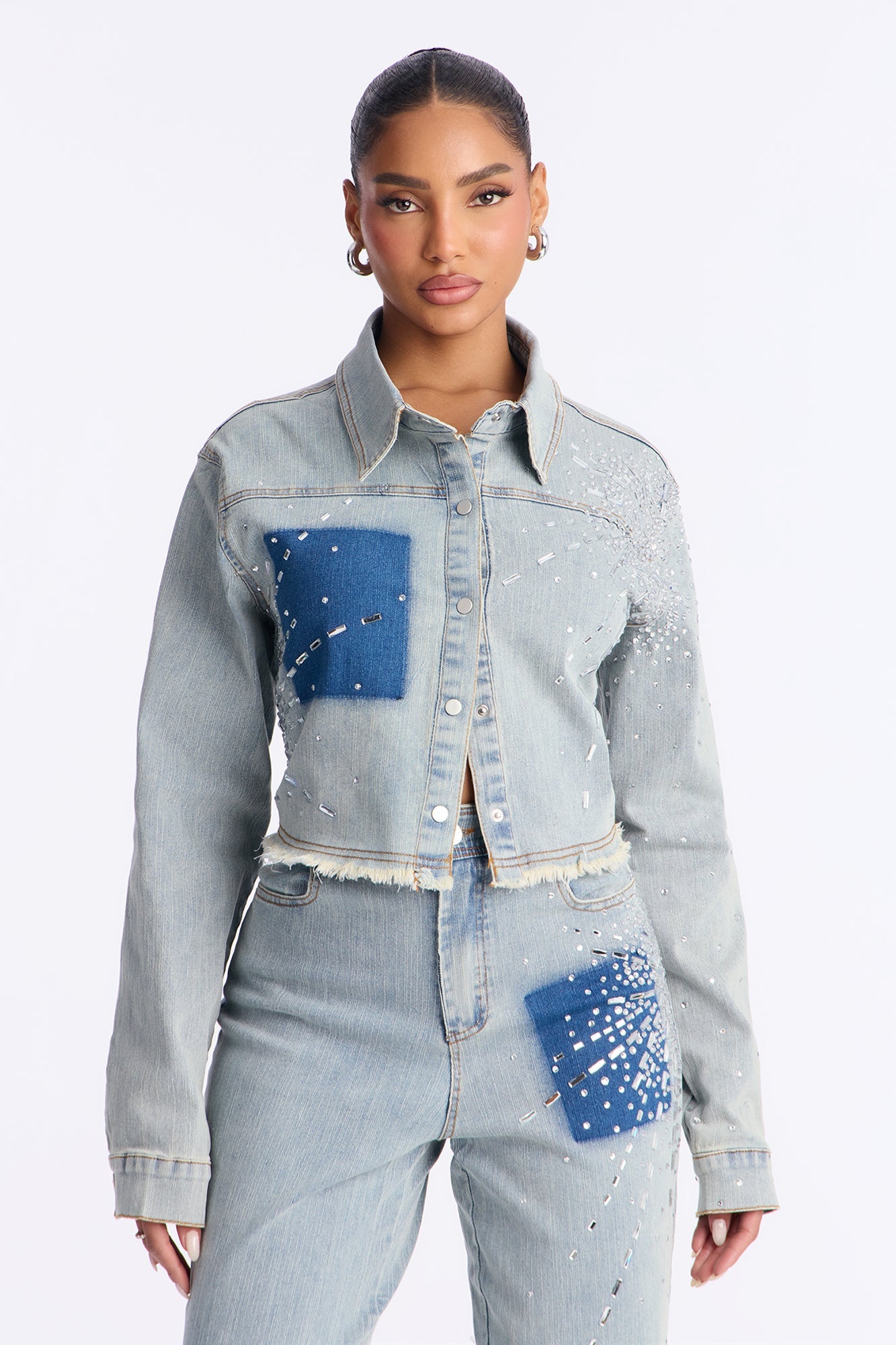 Mable Denim Rhinestone Pant Set - Medium Wash