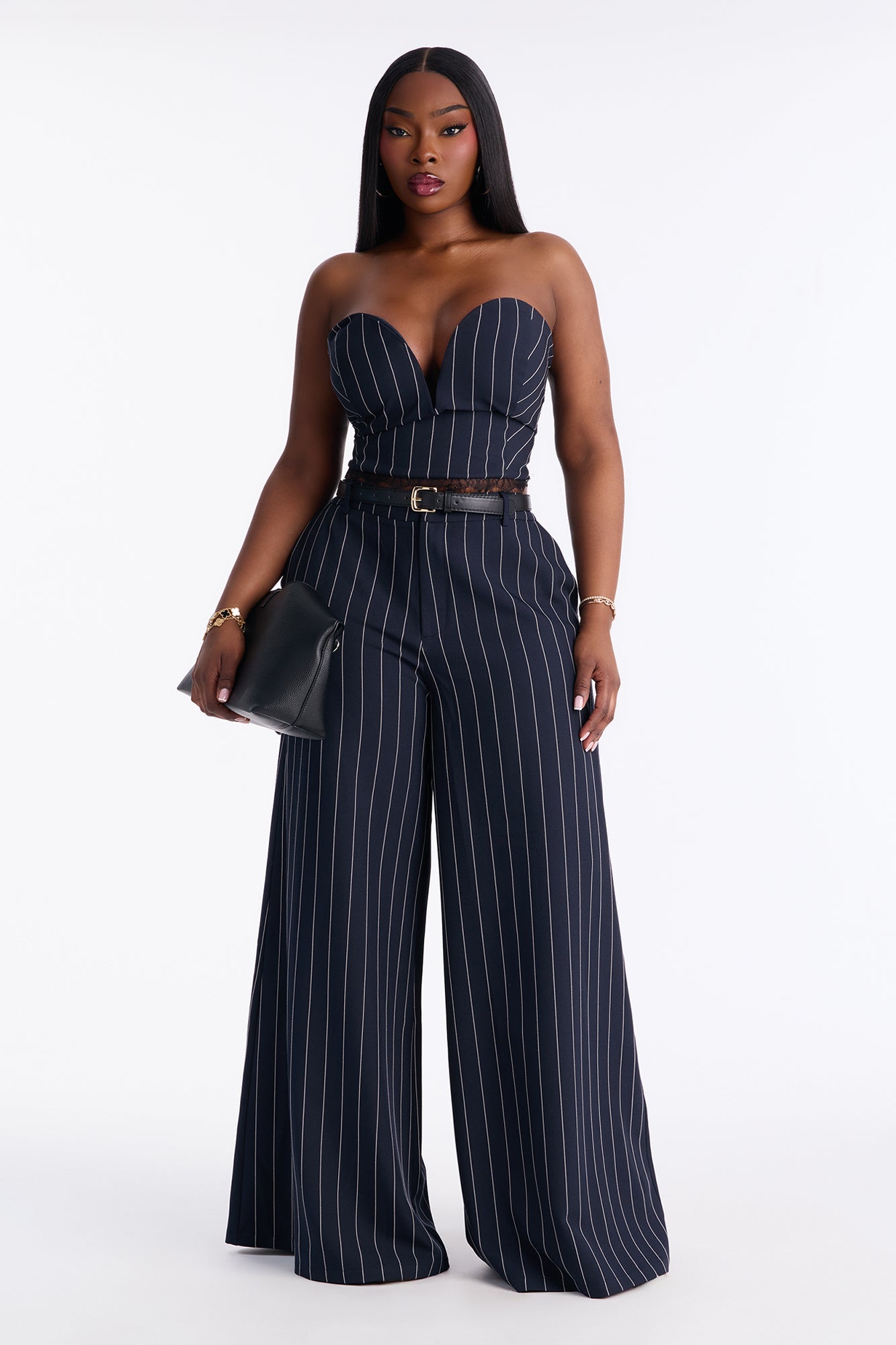 Personal Business Belted Pinstripe Pant Set - Navy