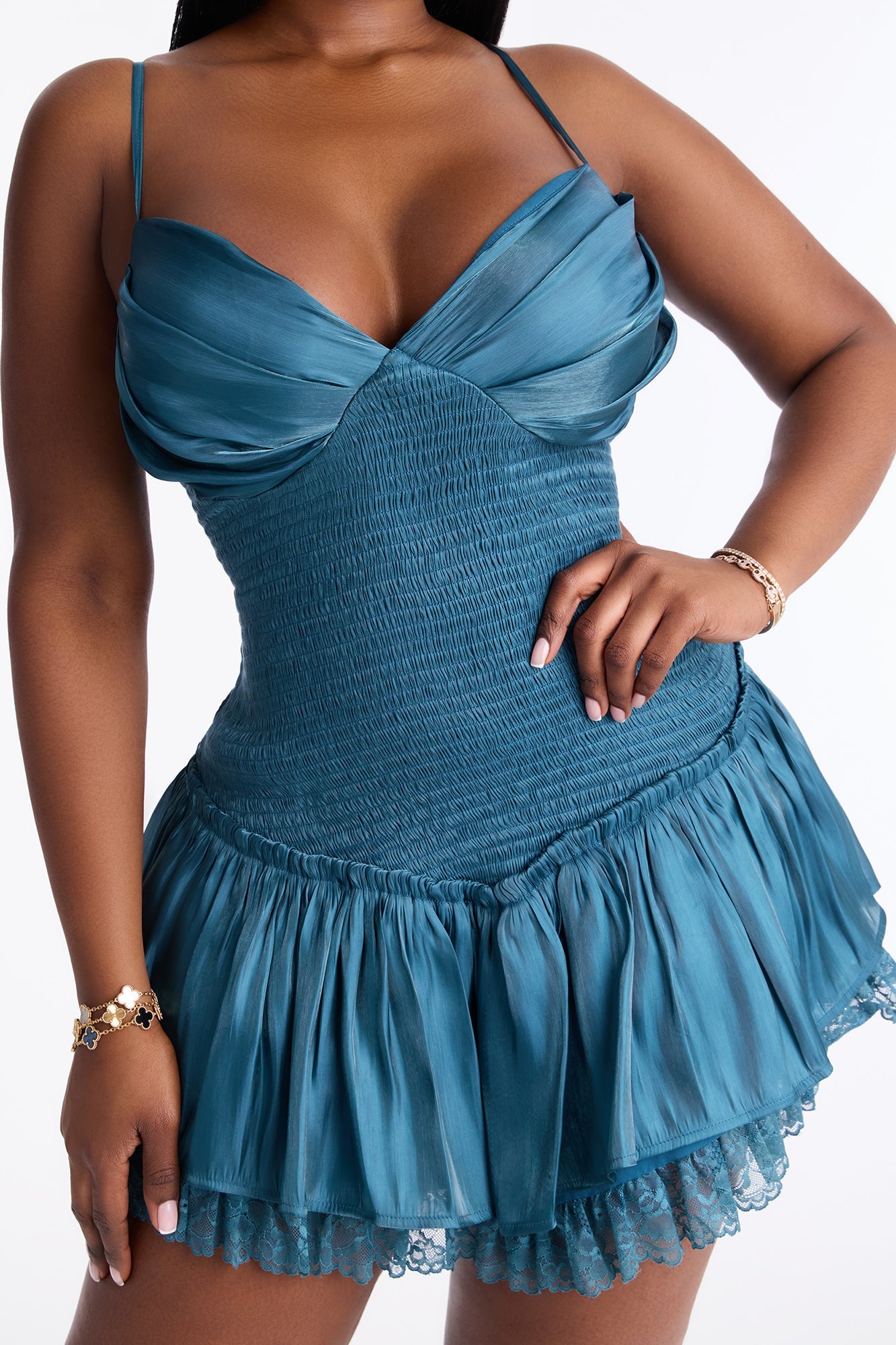 Dariana Cinched Waist Satin Mini Dress - Hunter