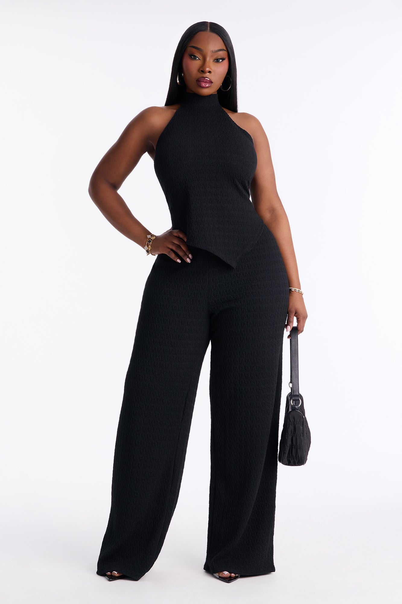 Gabriella Textured Asymmetrical Pant Set - Black
