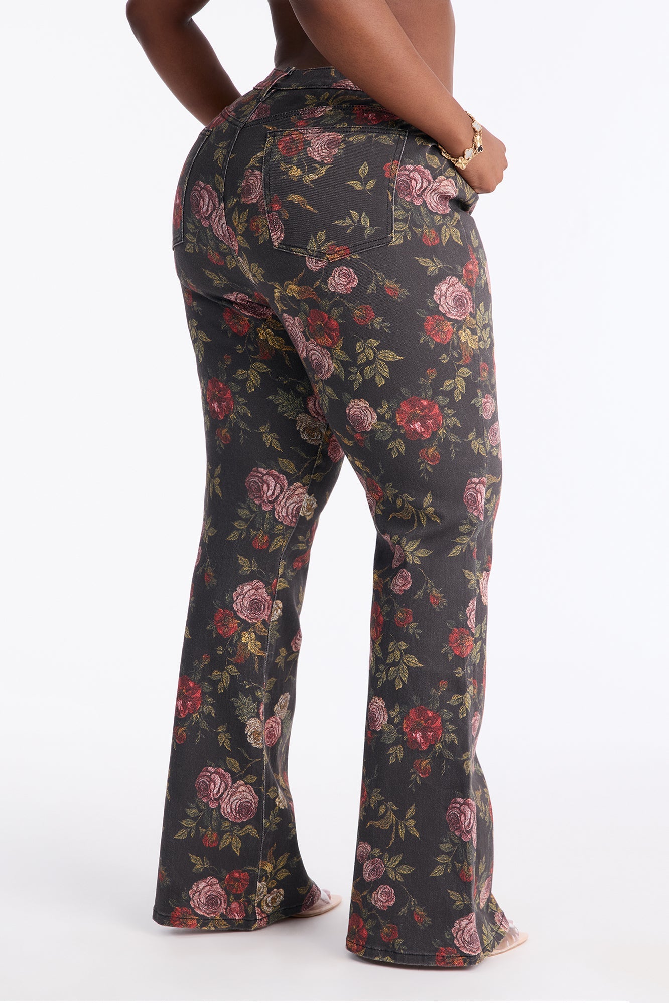 Vida Floral Lace Up Flare Jeans - Black/combo