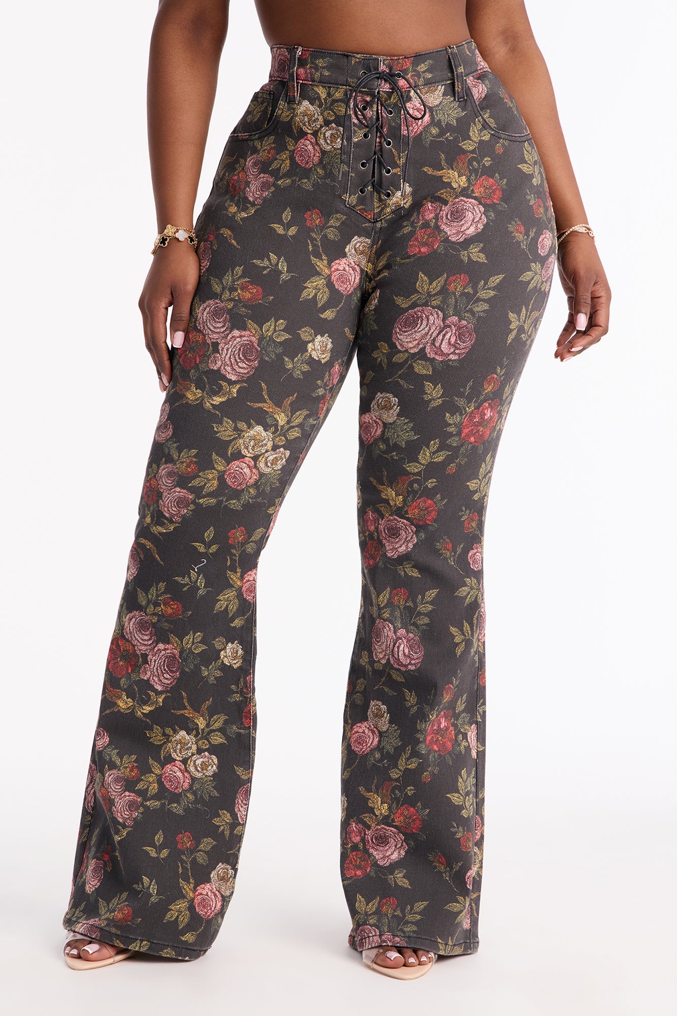 Vida Floral Lace Up Flare Jeans - Black/combo