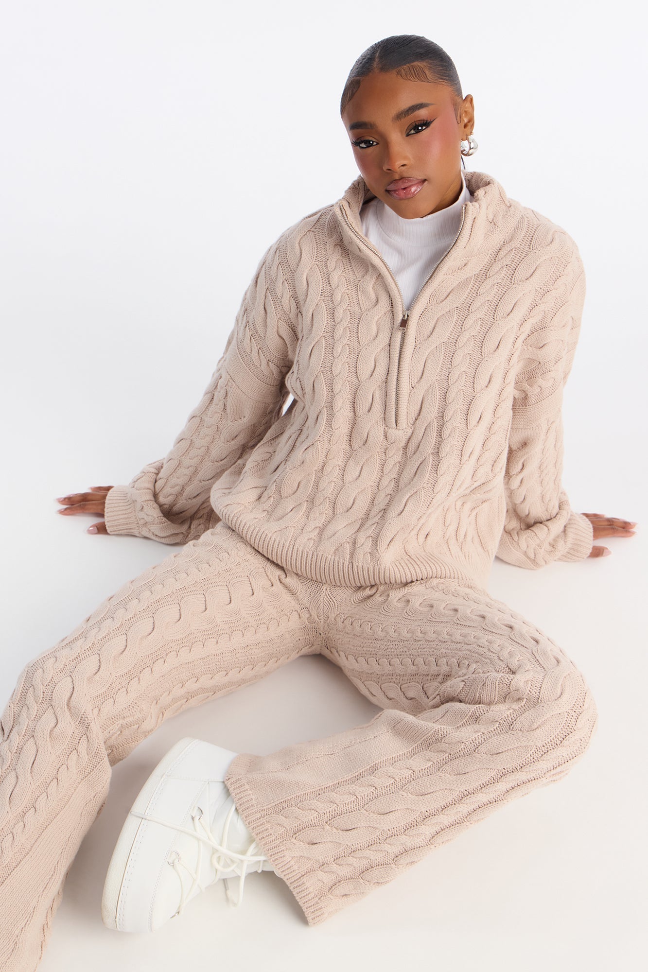 Cozy Days Cable Knit Sweater Pant Set - Taupe