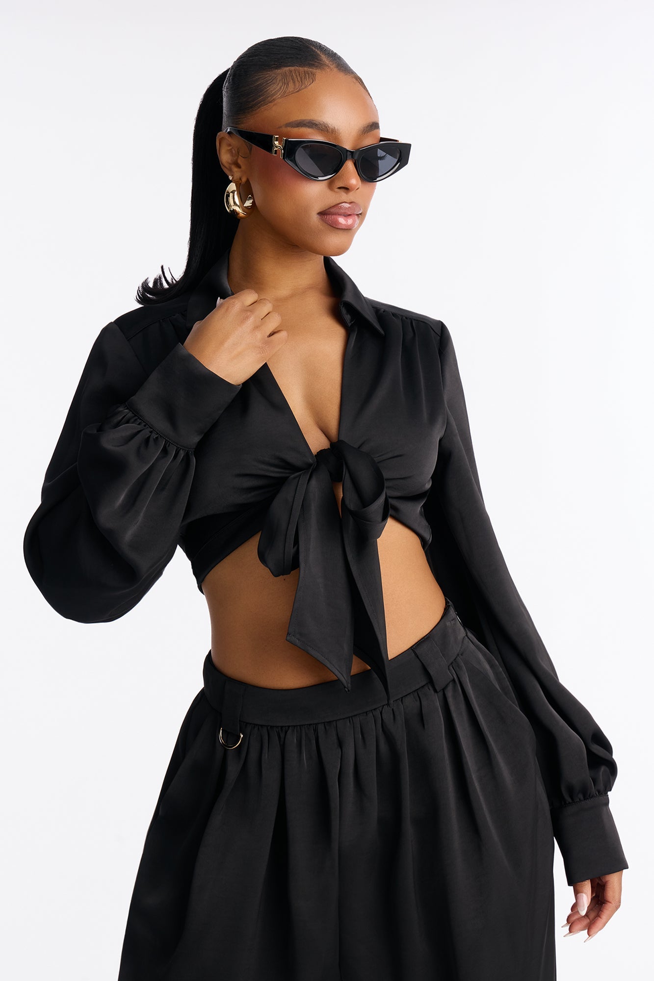 Michelle Satin Balloon Pant Set - Black