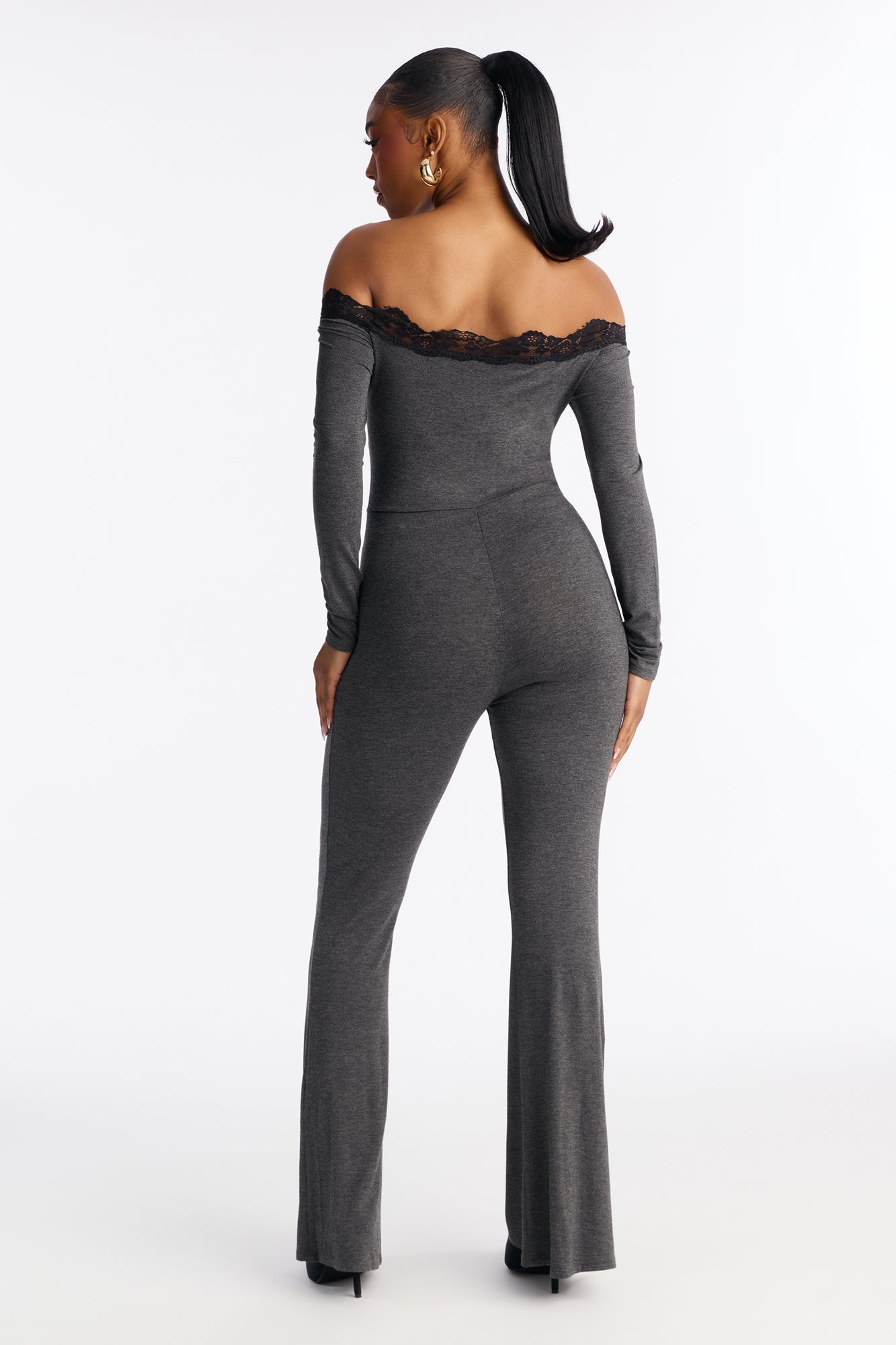 Kim Lace Trim Flare Leg Jumpsuit - Charcoal