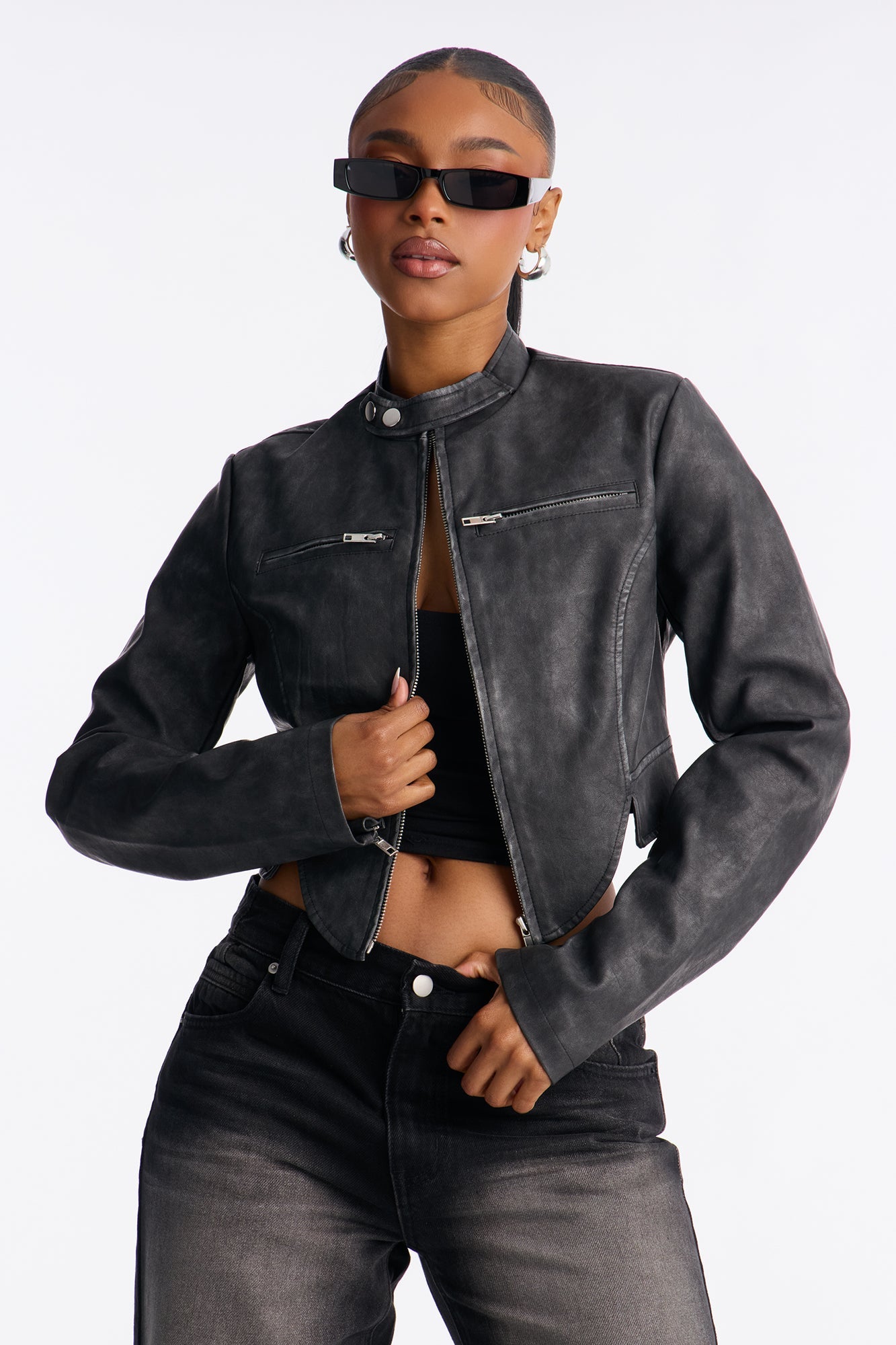 Ines Washed Faux Leather Jacket - Black