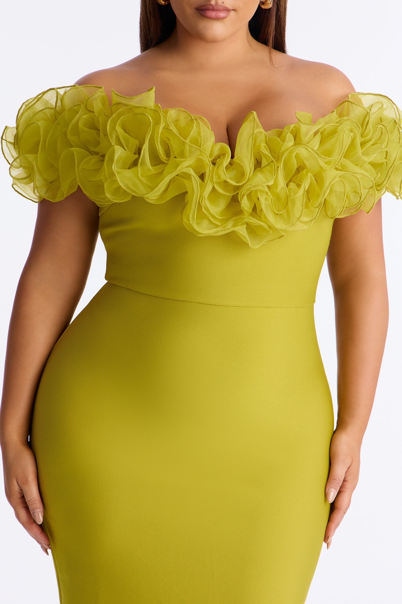 Date Night Ruffle Bandage Midi Dress - Chartreuse