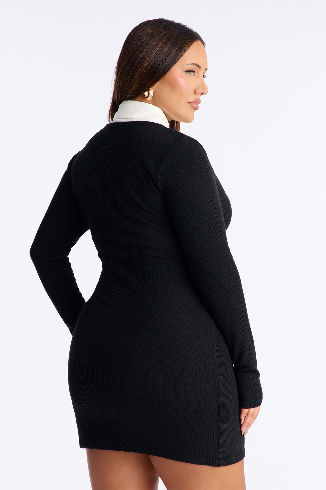 Caitlyn Collar Ribbed Mini Dress - Black