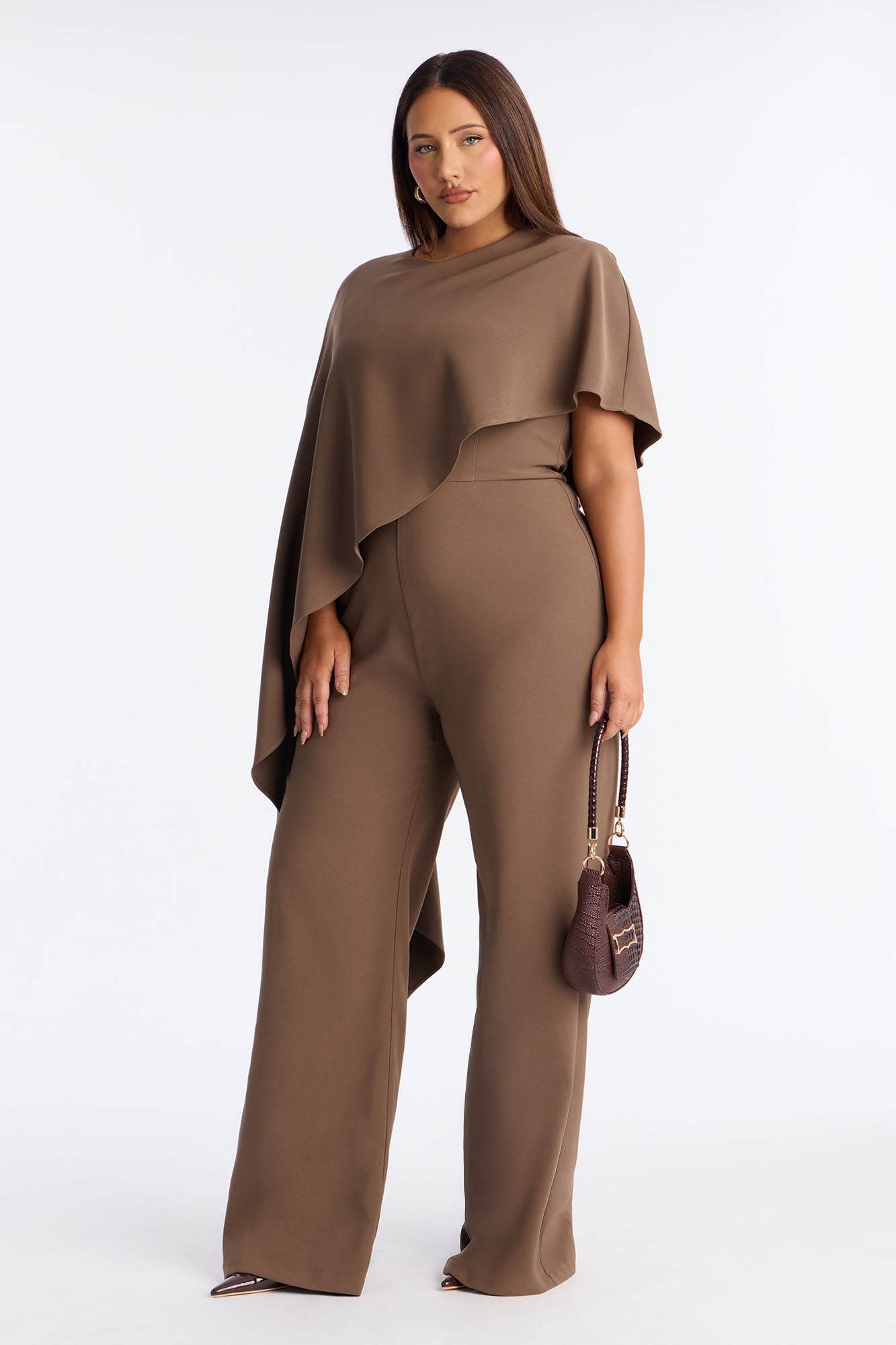 Working Woman Wide Leg Cape Sleeve Jumpsuit - Brown