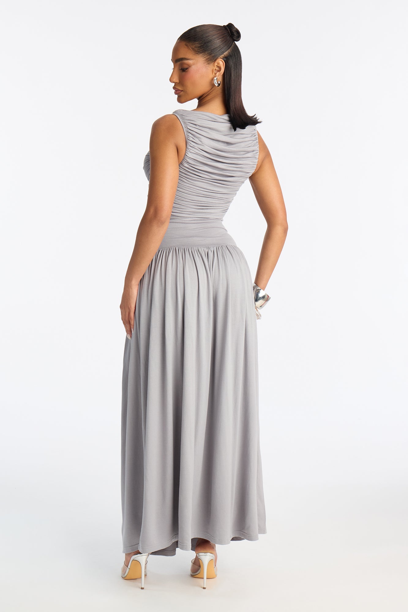 Maisie Ruched Drop Waist Maxi Dress - Grey