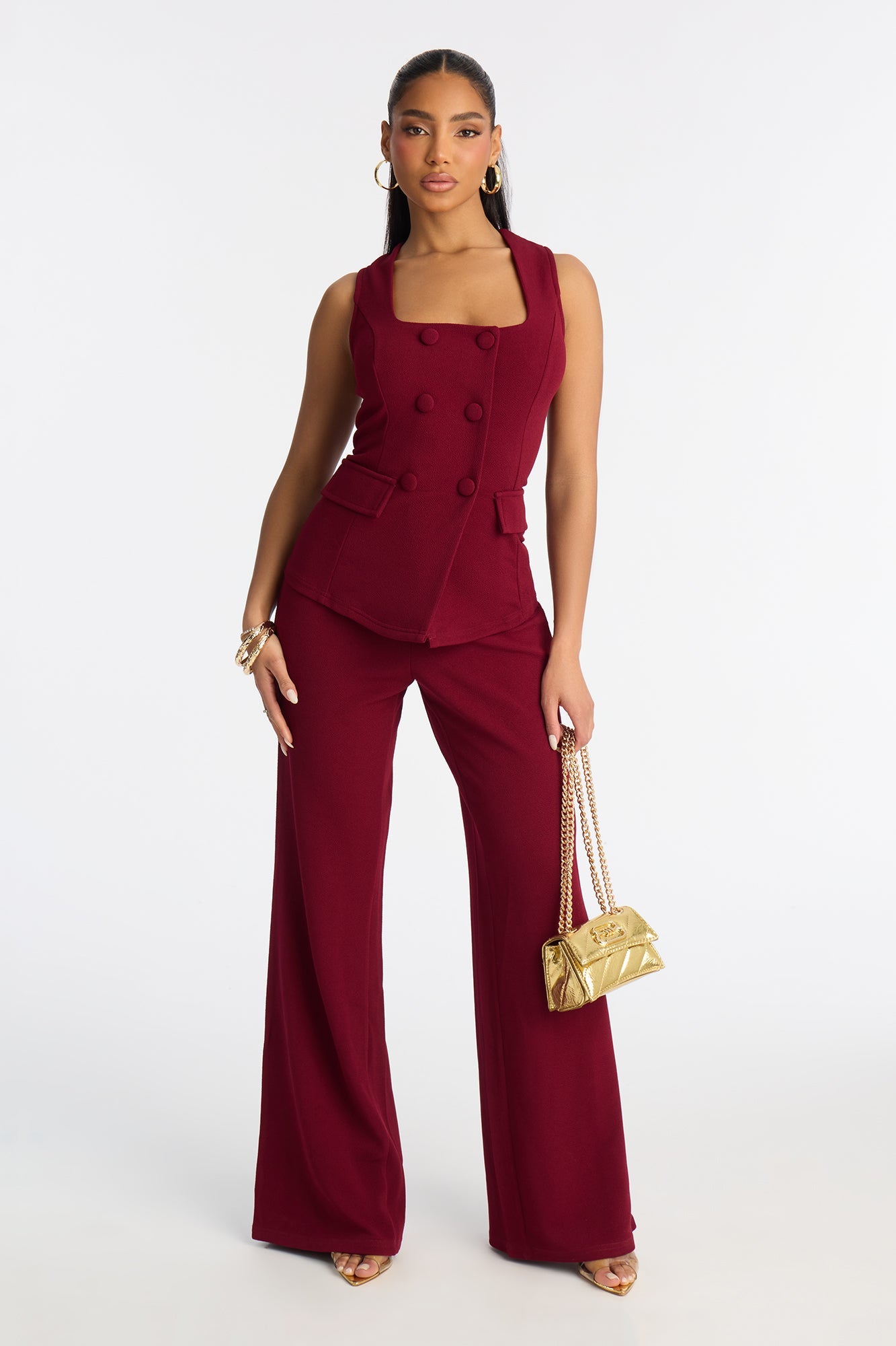 Gelina Square Neck Wide Leg Jumpsuit - Wine