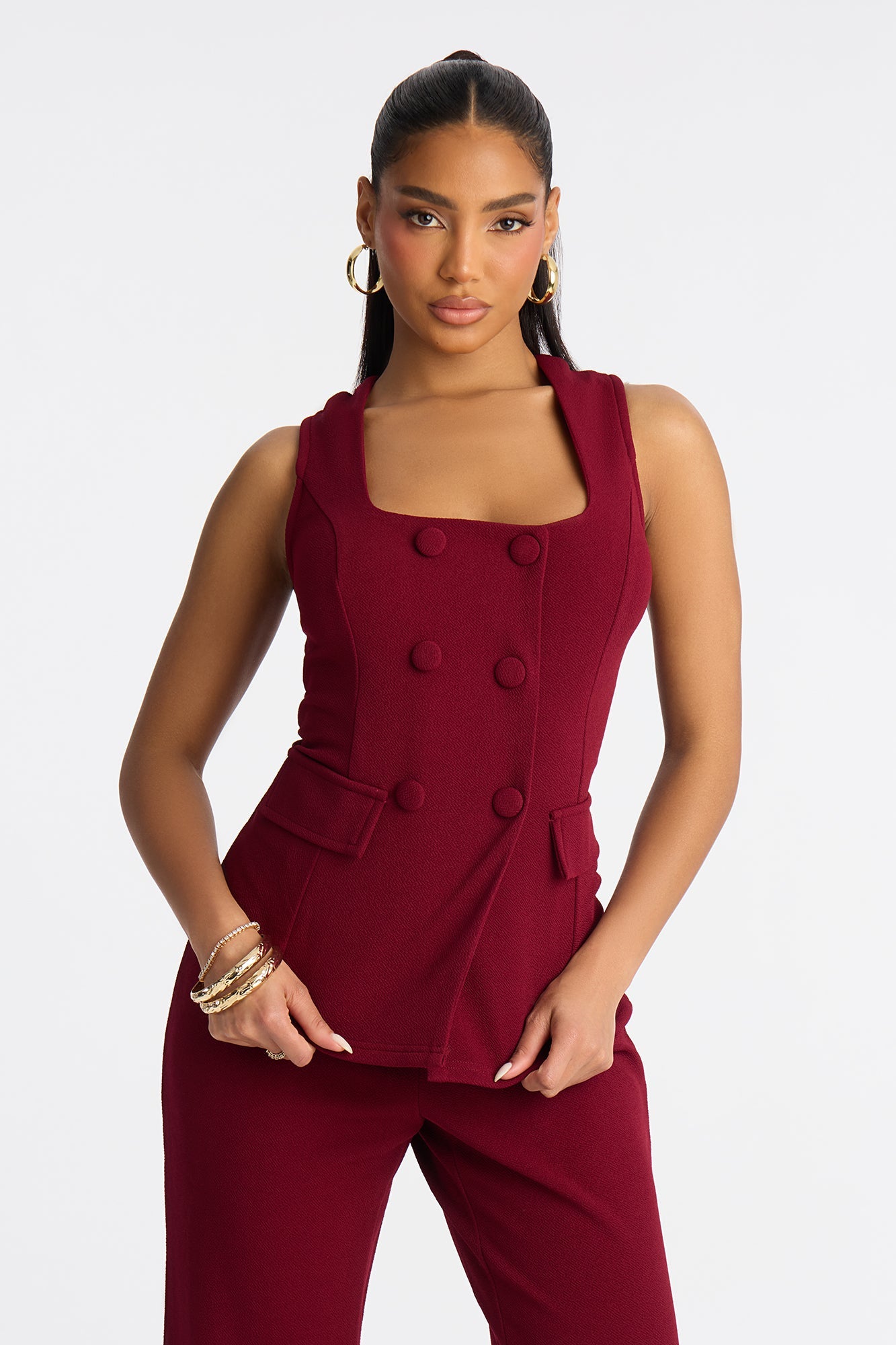 Gelina Square Neck Wide Leg Jumpsuit - Wine