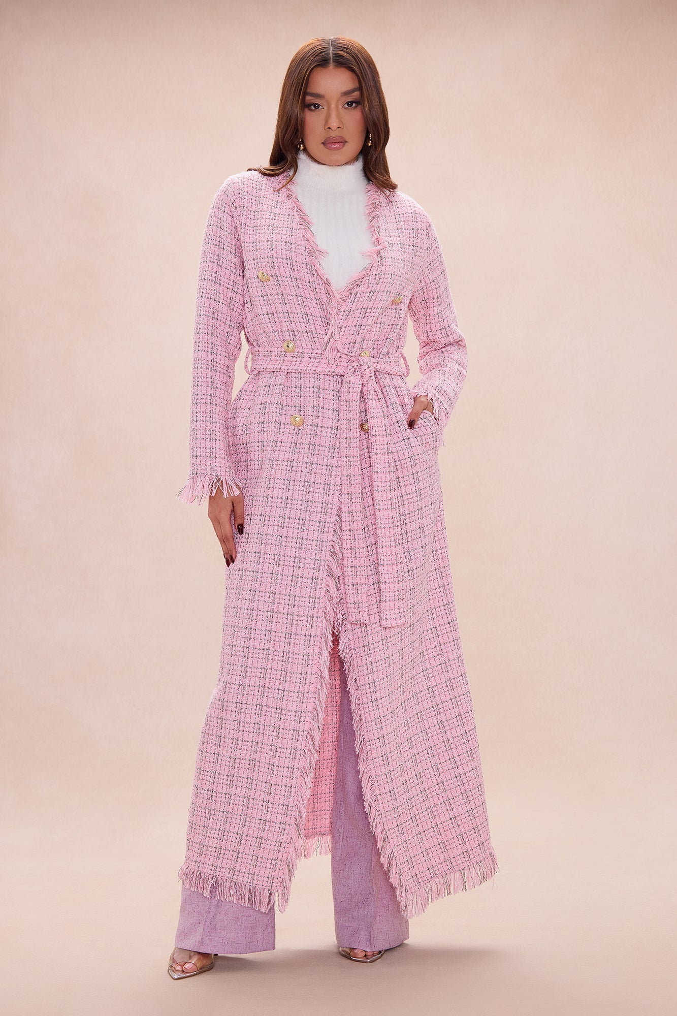 Sweet Edge Tweed Long Cardigan - Light Pink