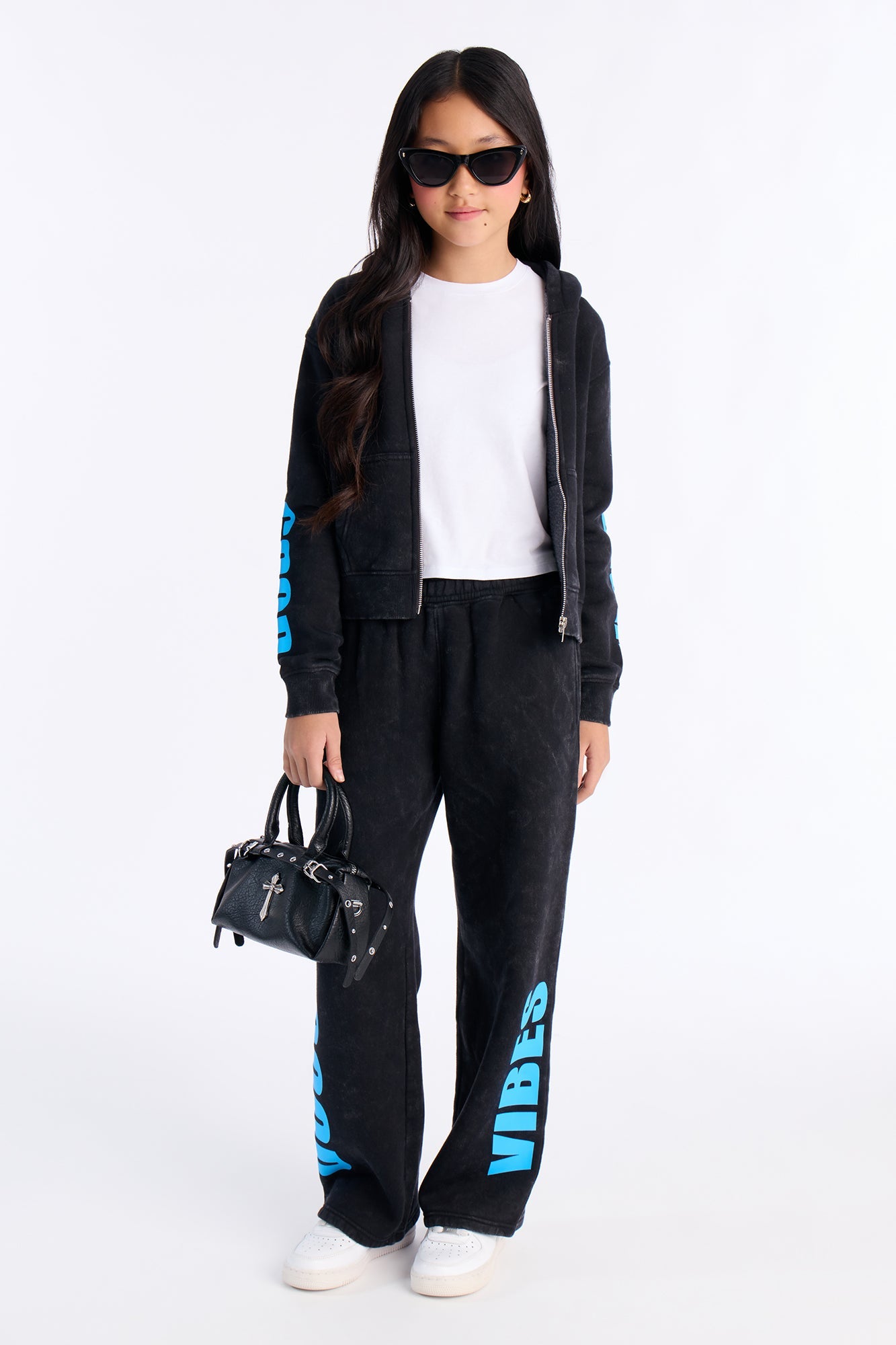 Mini Good Vibes Always Washed Fleece Zip Up Sweatshirt - Charcoal/combo