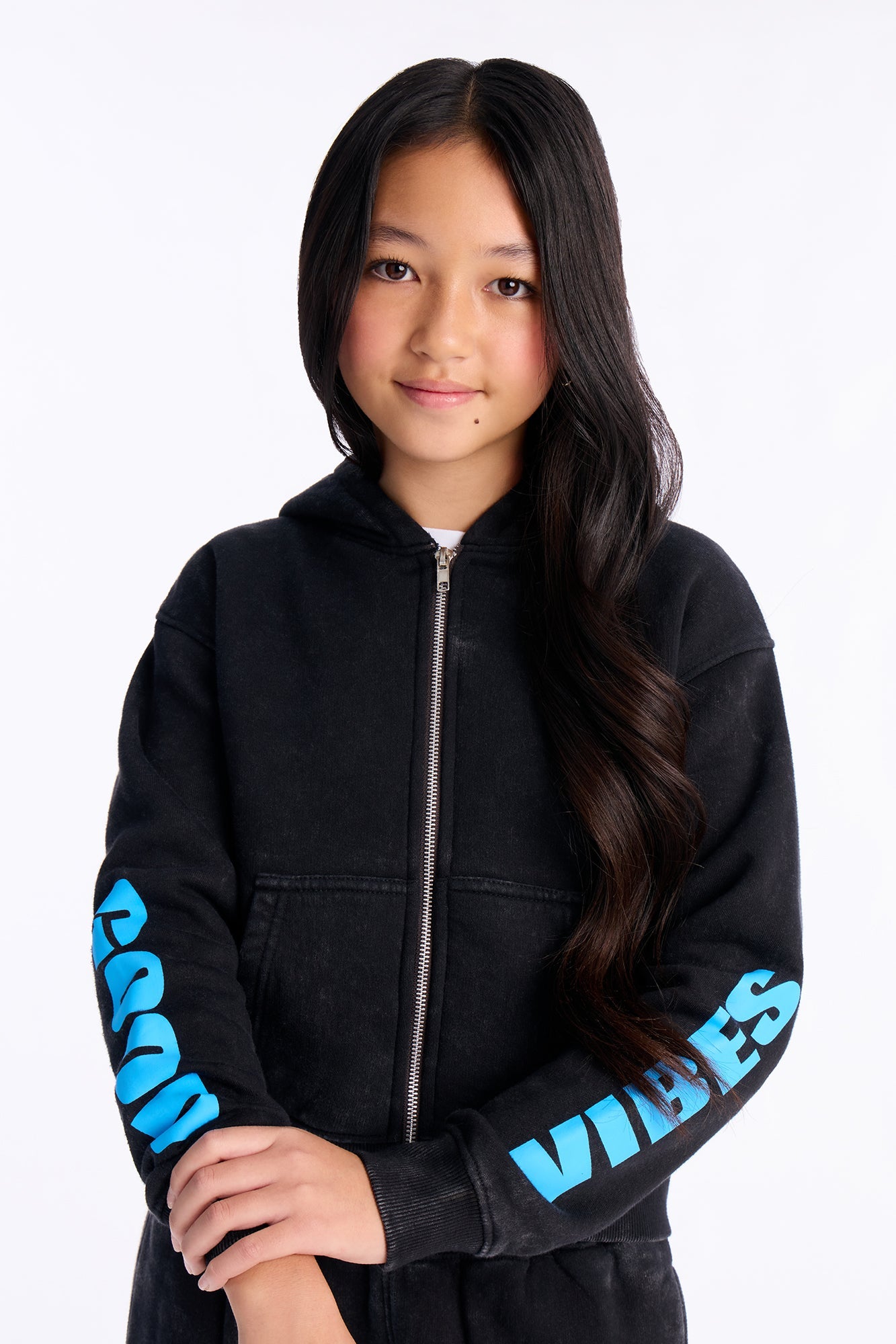 Mini Good Vibes Always Washed Fleece Zip Up Sweatshirt - Charcoal/combo