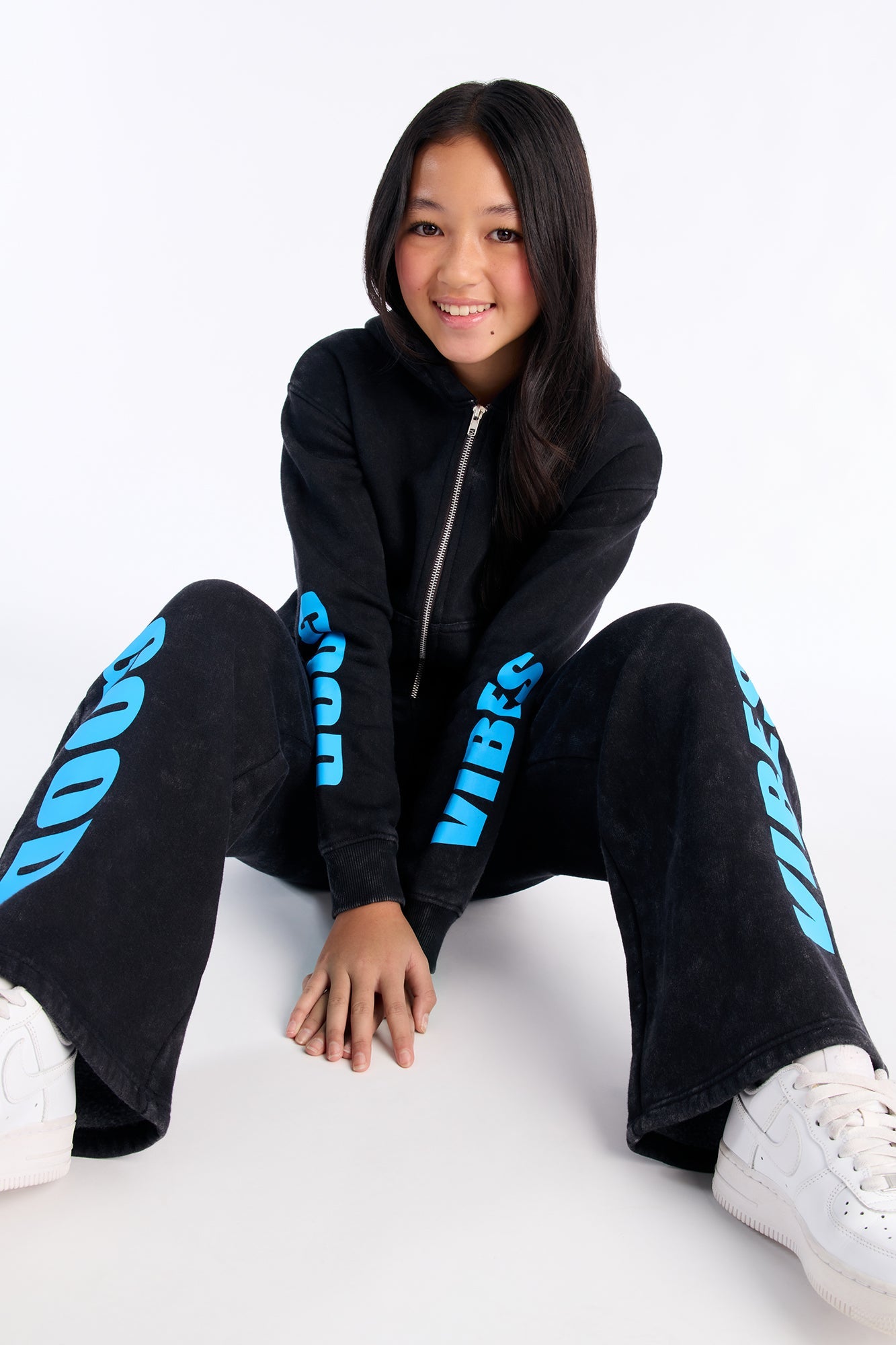 Mini Good Vibes Always Washed Fleece Zip Up Sweatshirt - Charcoal/combo