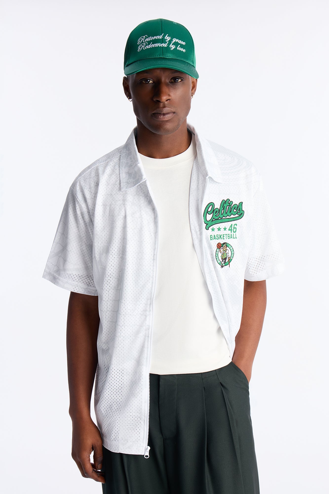 Celtics Rim Rocker Zip Up Mesh Top - White